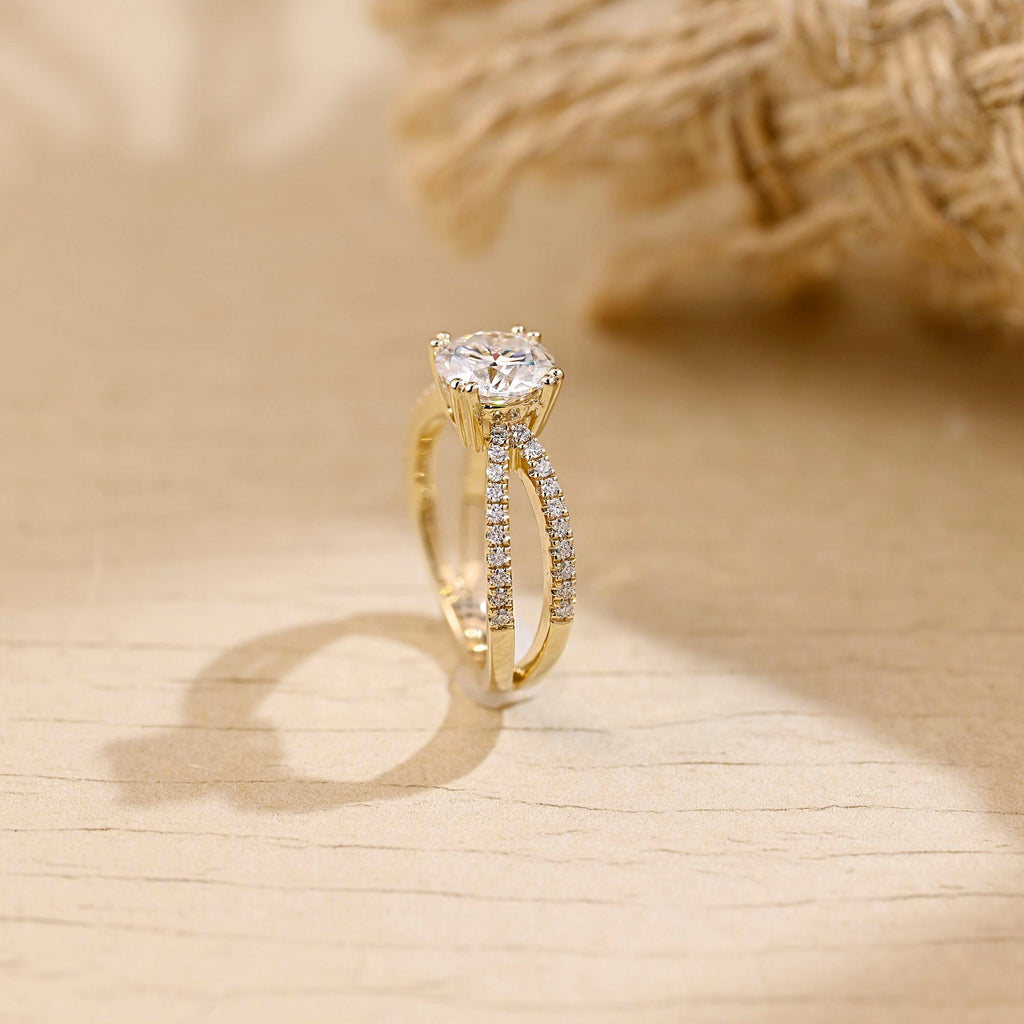 SquareJewelry round cut moissanite engagement ring Solid Gold Split Shank Prongs Round Moissanite Engagement Ring