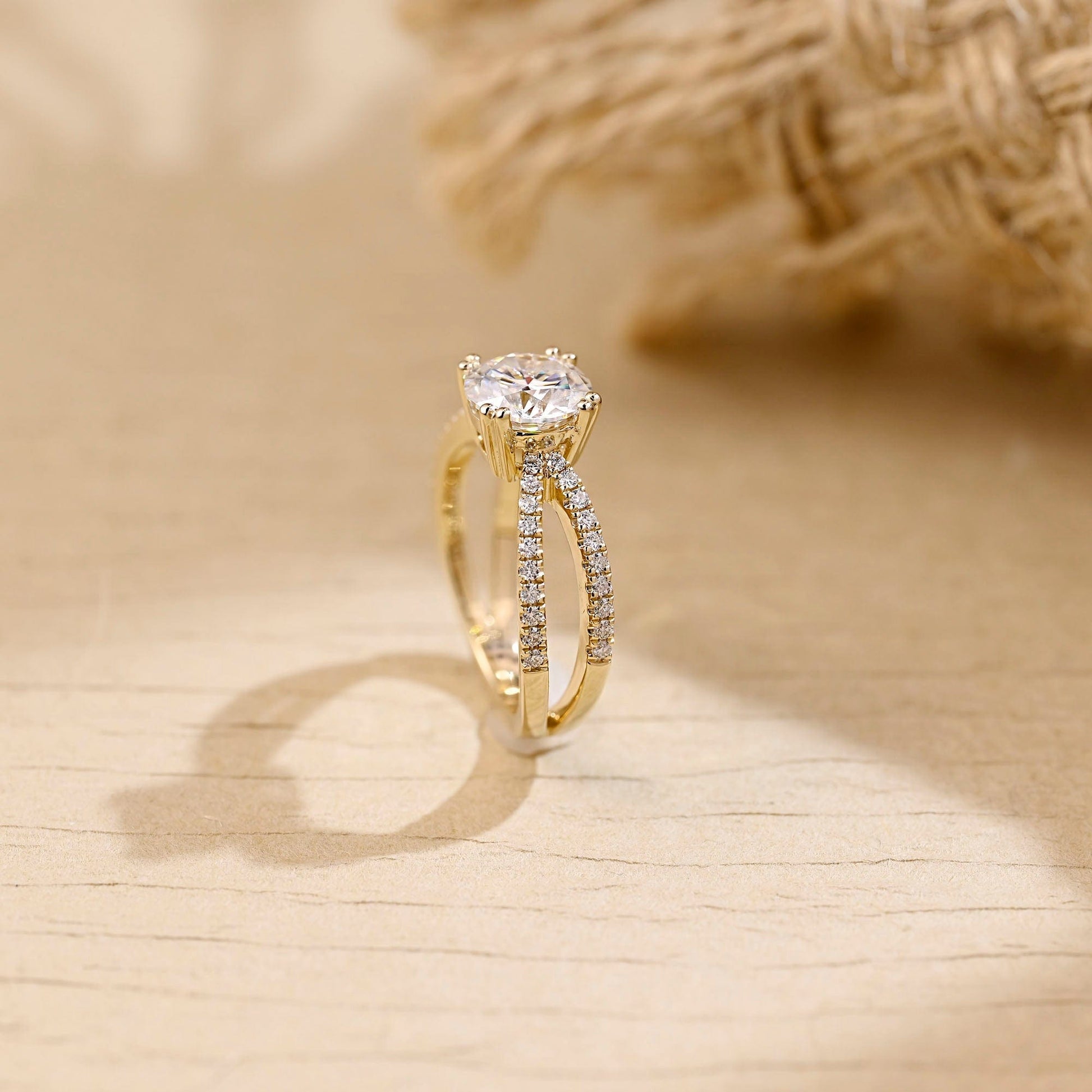 SquareJewelry round cut moissanite engagement ring Solid Gold Split Shank Prongs Round Moissanite Engagement Ring