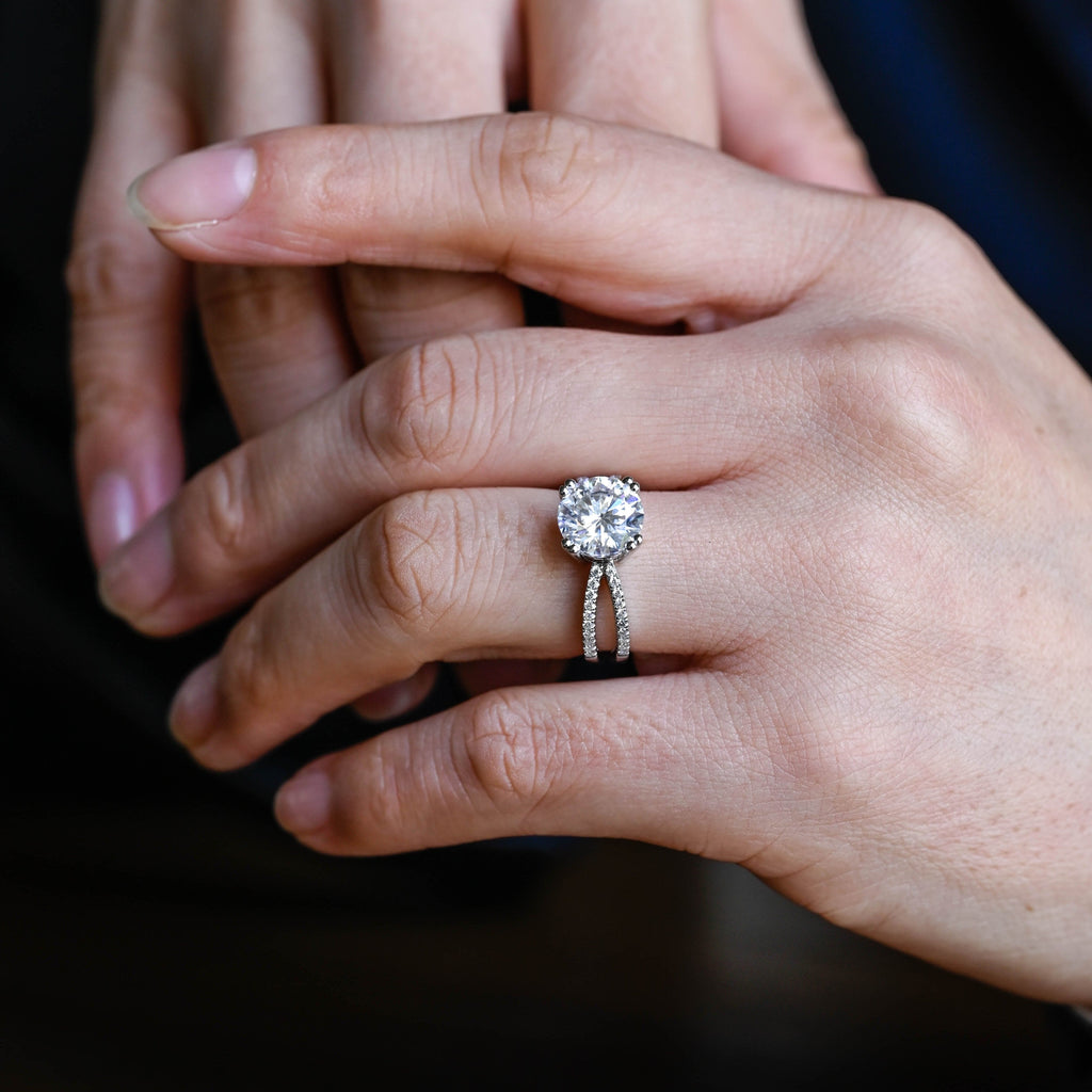 SquareJewelry round cut moissanite engagement ring Solid Gold Split Shank Prongs Round Moissanite Engagement Ring