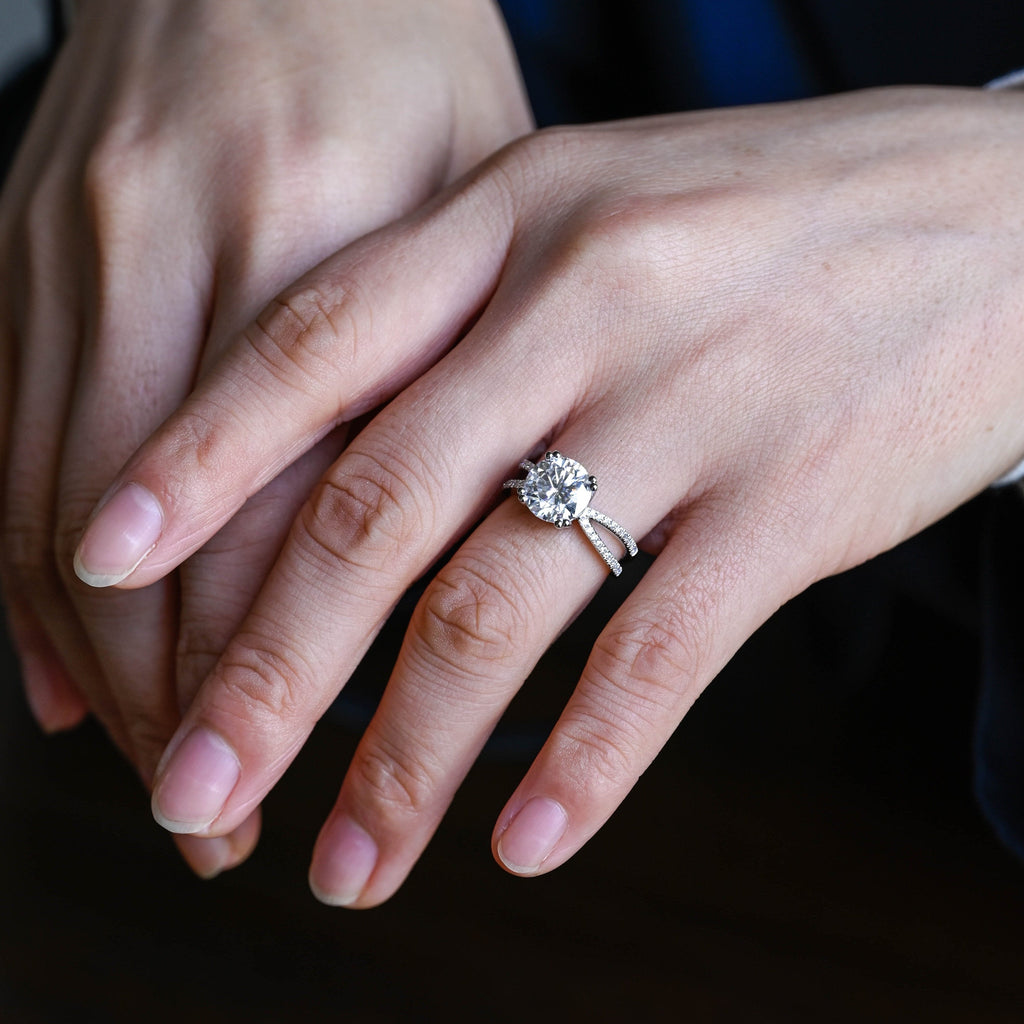 SquareJewelry round cut moissanite engagement ring Solid Gold Split Shank Prongs Round Moissanite Engagement Ring