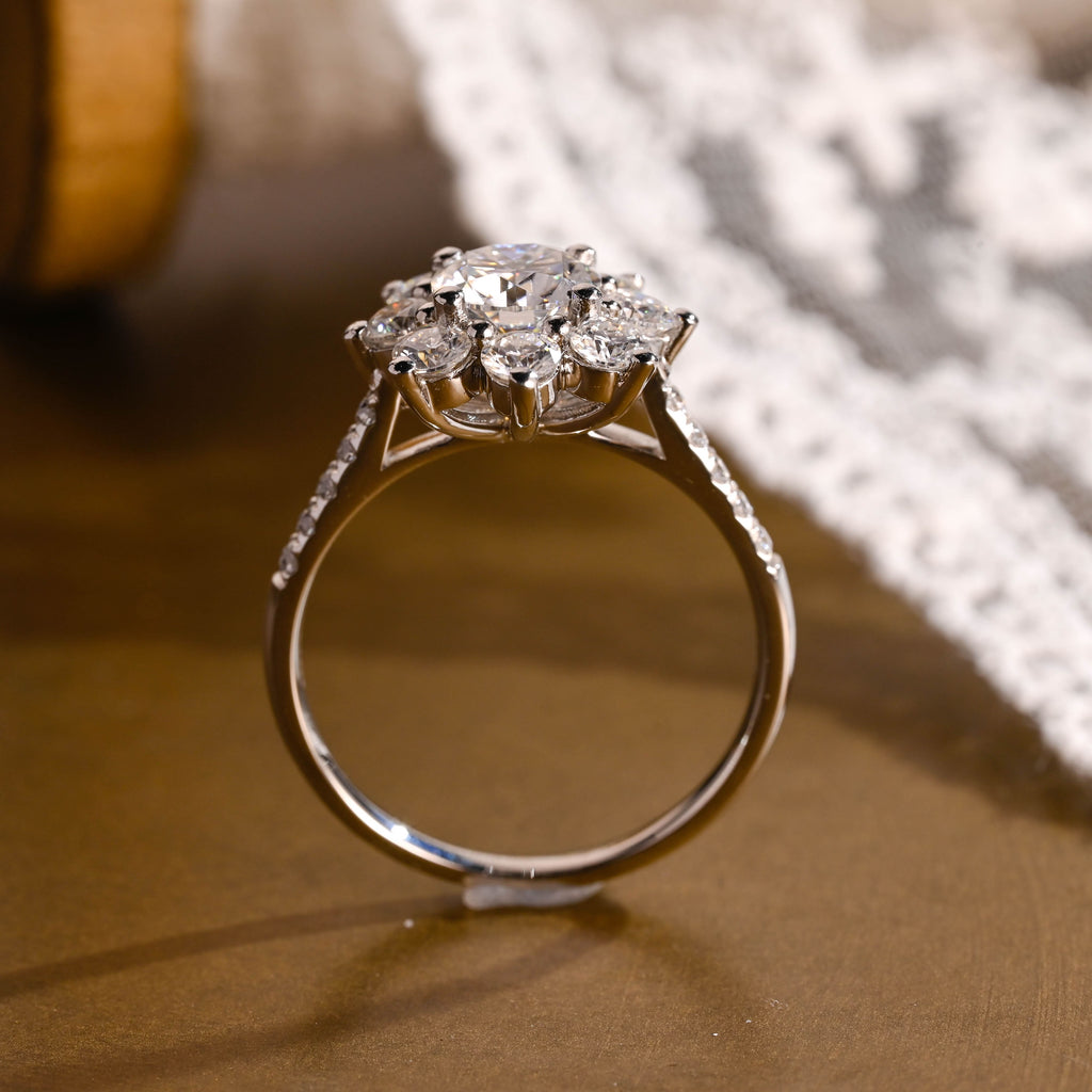 SquareJewelry round cut moissanite engagement ring Solid Gold Sunflower Halo Cathedral Round Rose Cut Moissanite Engagement Ring