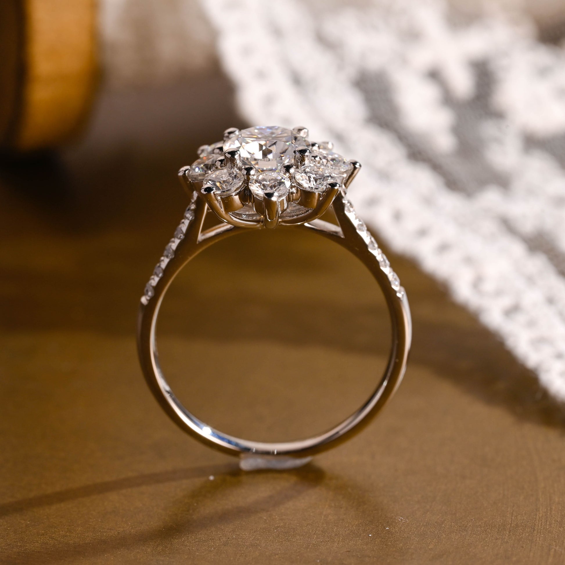 SquareJewelry round cut moissanite engagement ring Solid Gold Sunflower Halo Cathedral Round Rose Cut Moissanite Engagement Ring