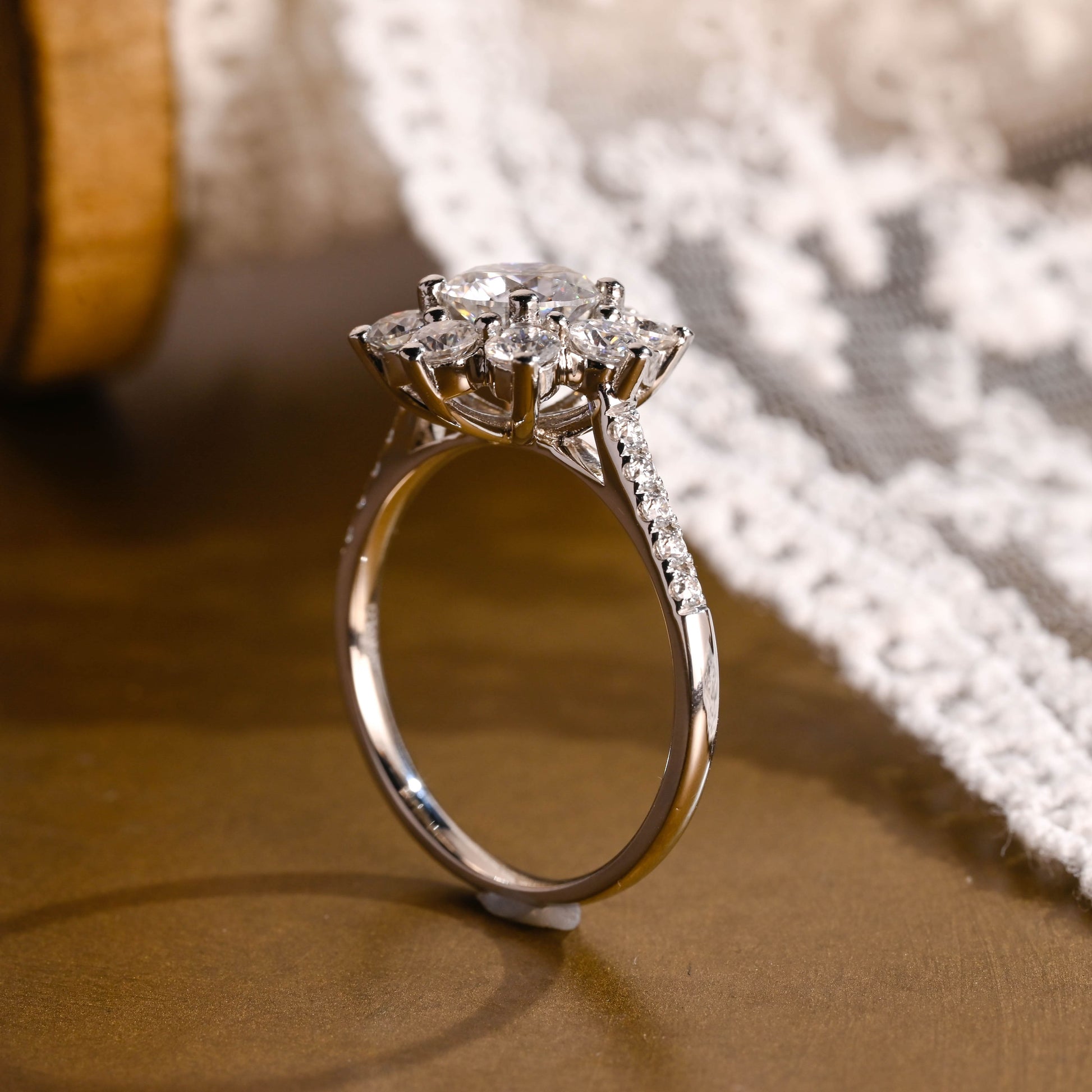SquareJewelry round cut moissanite engagement ring Solid Gold Sunflower Halo Cathedral Round Rose Cut Moissanite Engagement Ring