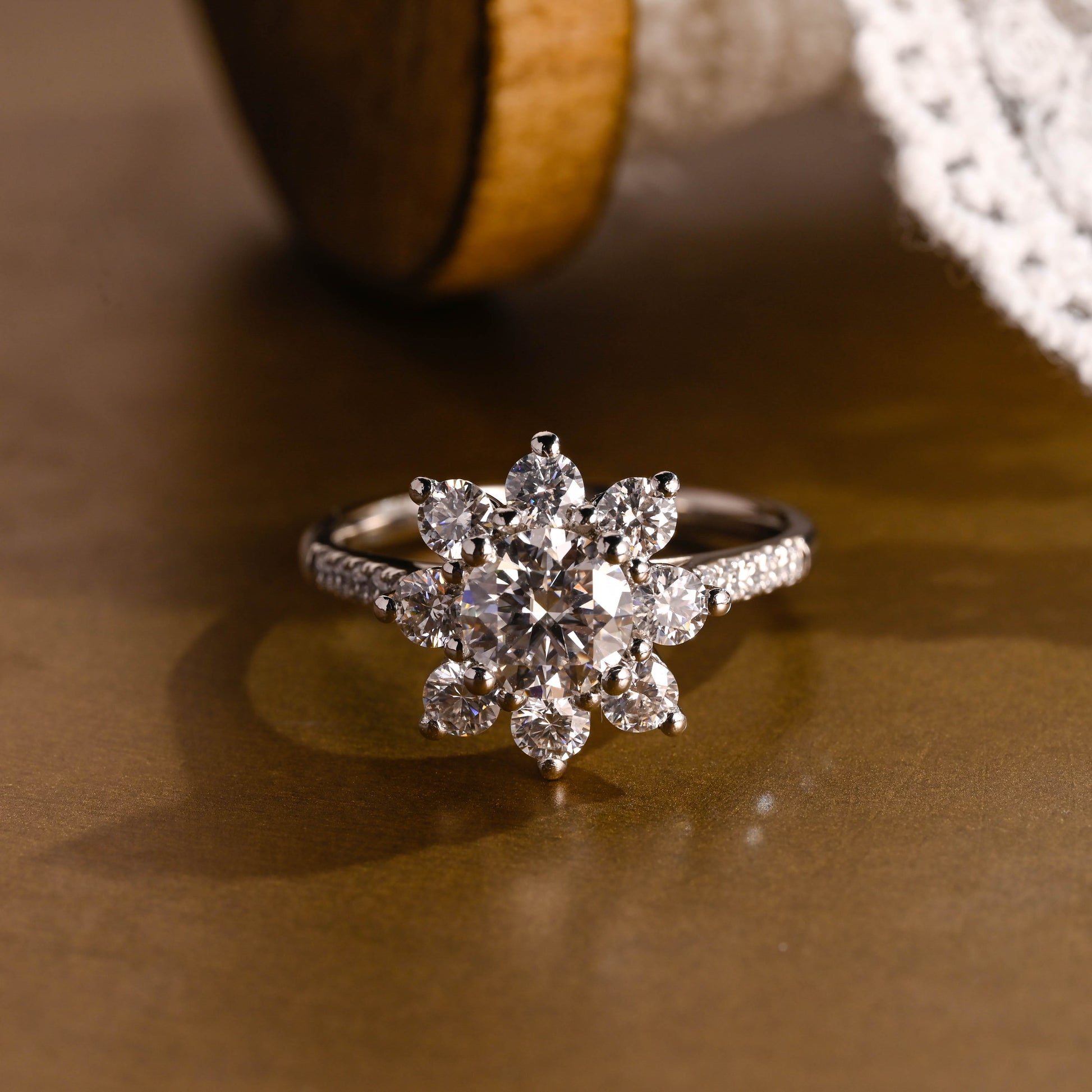 SquareJewelry round cut moissanite engagement ring Solid Gold Sunflower Halo Cathedral Round Rose Cut Moissanite Engagement Ring