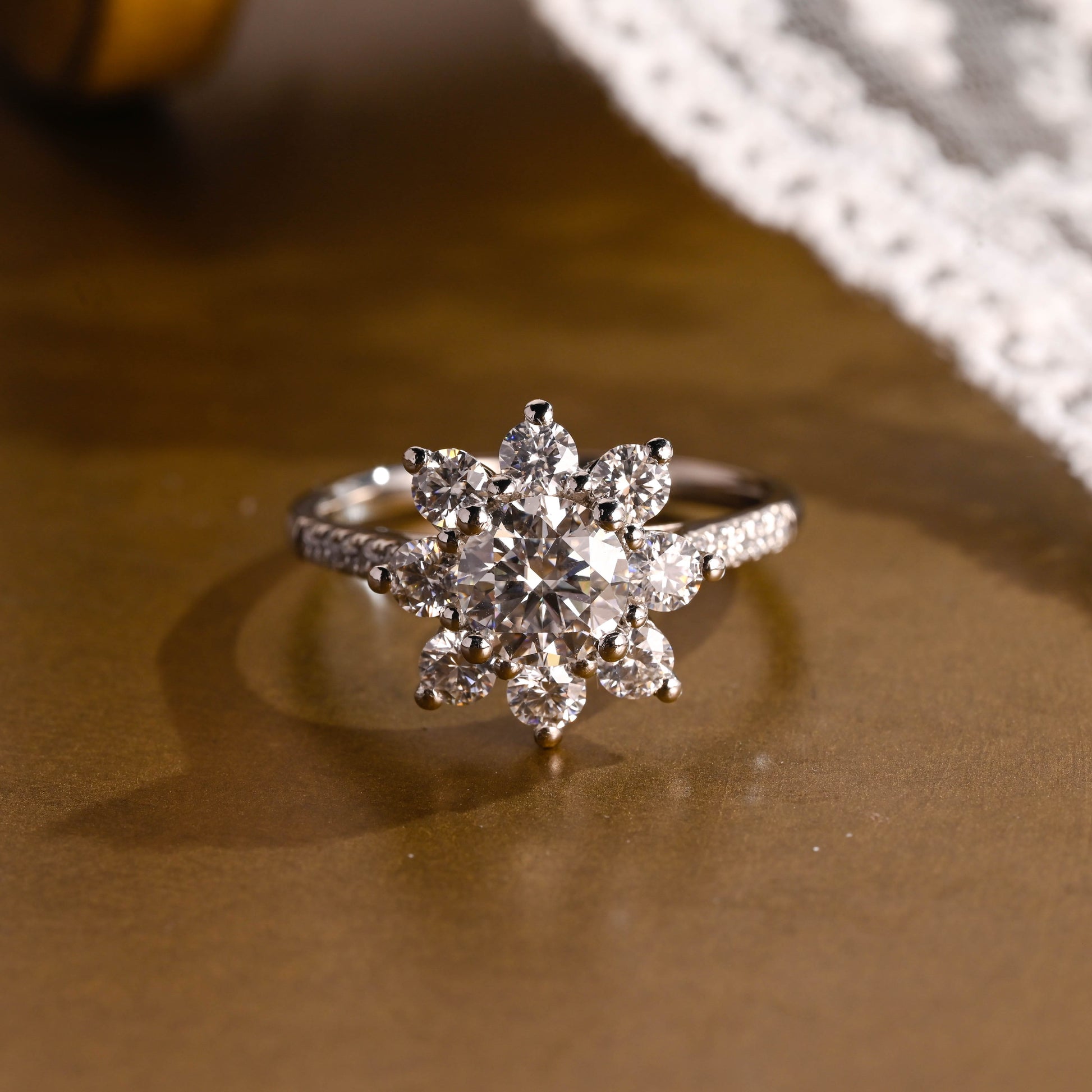 SquareJewelry round cut moissanite engagement ring Solid Gold Sunflower Halo Cathedral Round Rose Cut Moissanite Engagement Ring