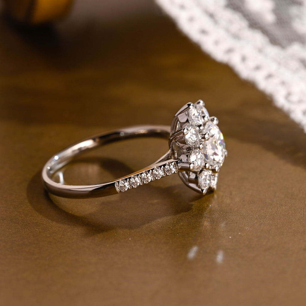 SquareJewelry round cut moissanite engagement ring Solid Gold Sunflower Halo Cathedral Round Rose Cut Moissanite Engagement Ring