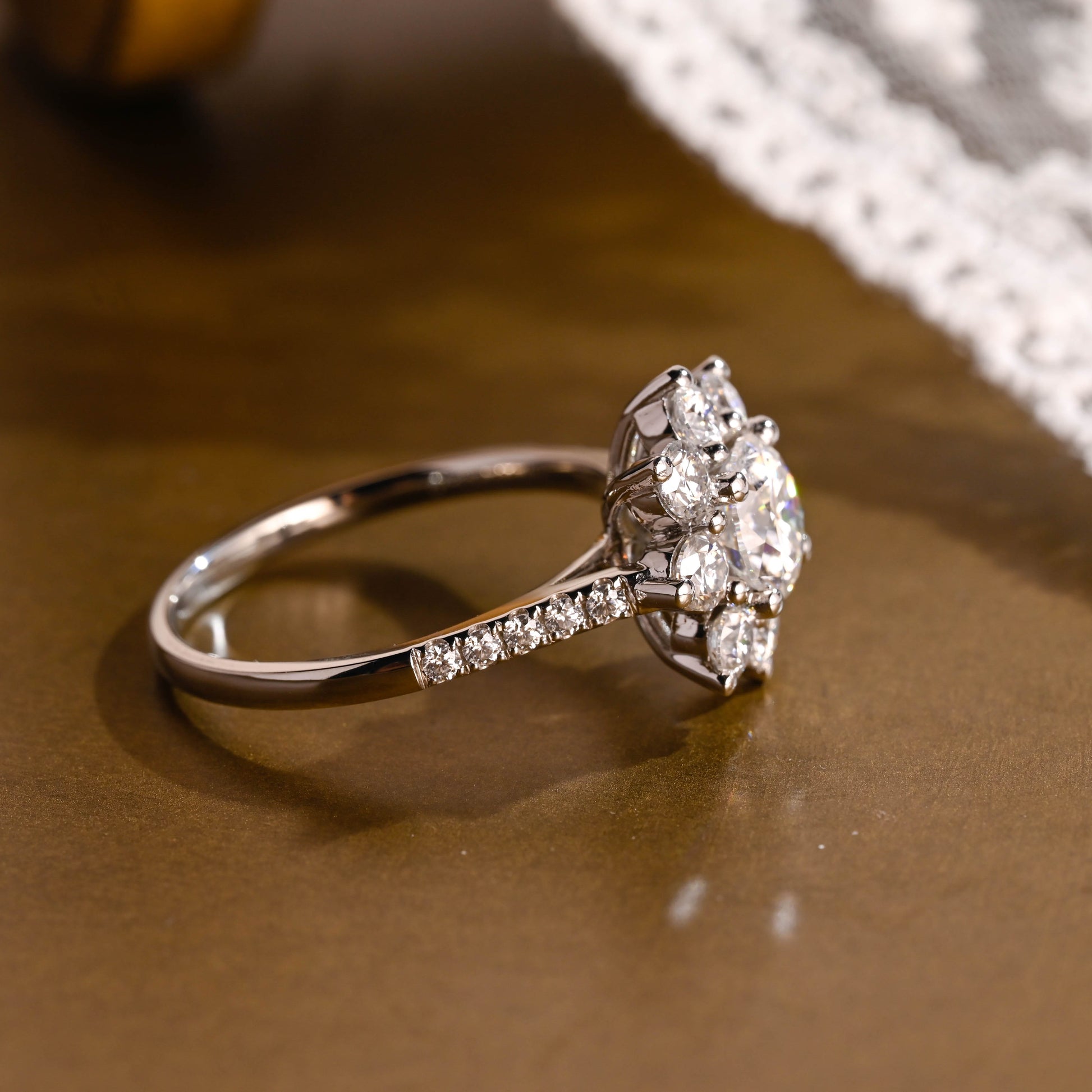 SquareJewelry round cut moissanite engagement ring Solid Gold Sunflower Halo Cathedral Round Rose Cut Moissanite Engagement Ring