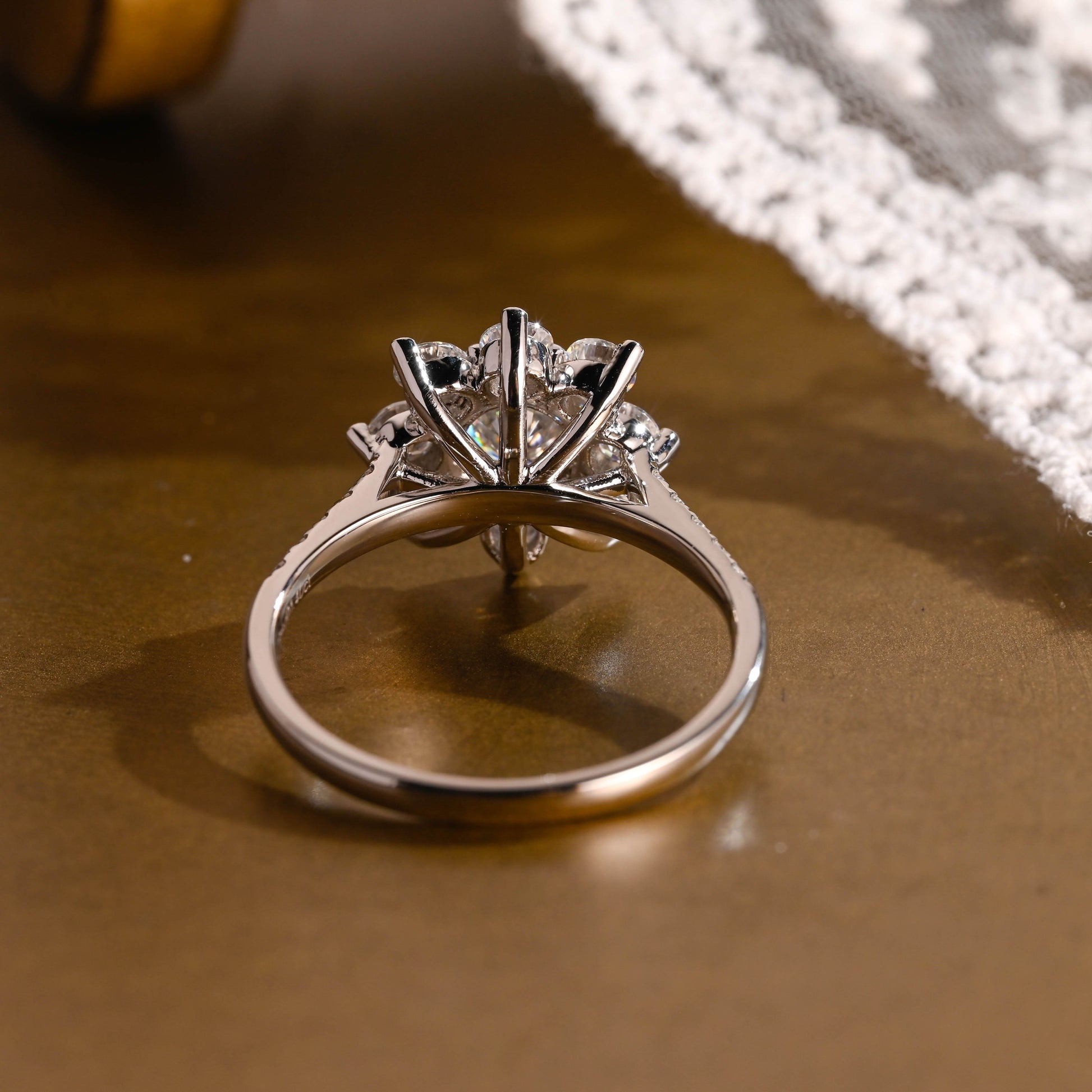 SquareJewelry round cut moissanite engagement ring Solid Gold Sunflower Halo Cathedral Round Rose Cut Moissanite Engagement Ring