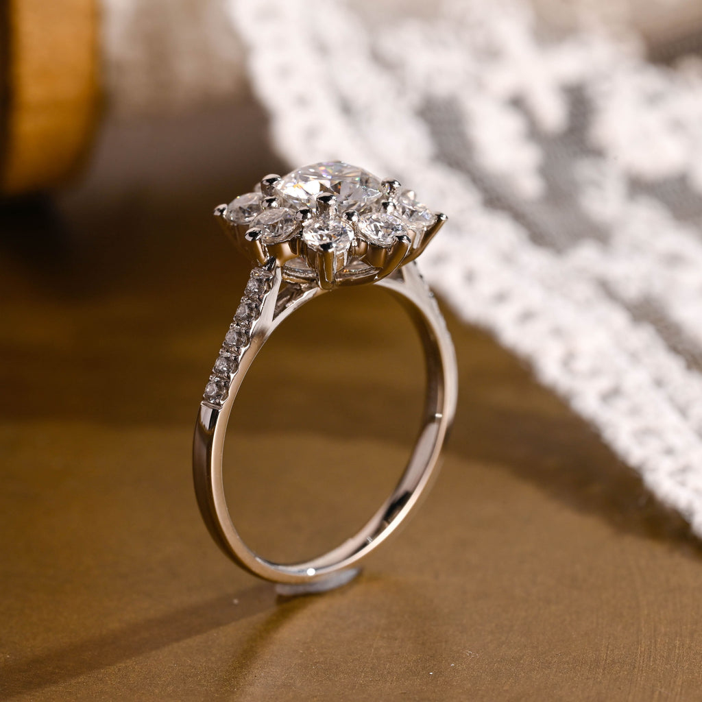 SquareJewelry round cut moissanite engagement ring Solid Gold Sunflower Halo Cathedral Round Rose Cut Moissanite Engagement Ring