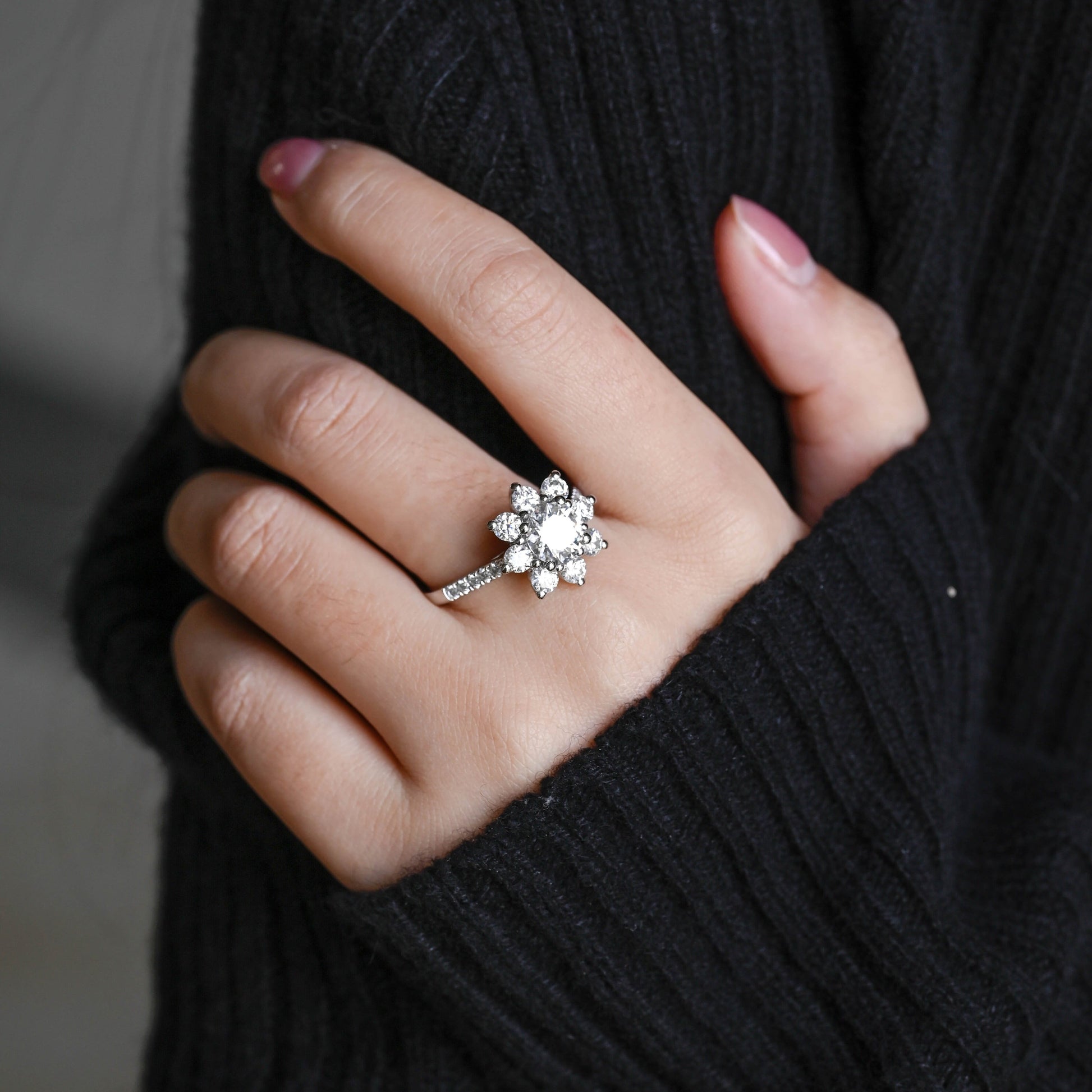 SquareJewelry round cut moissanite engagement ring Solid Gold Sunflower Halo Cathedral Round Rose Cut Moissanite Engagement Ring
