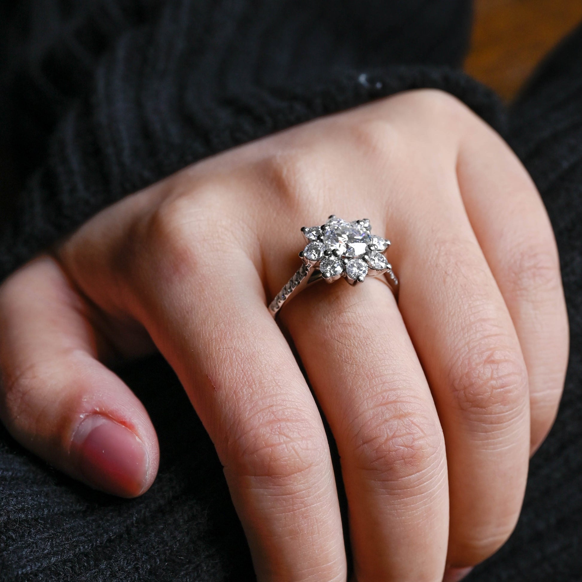 SquareJewelry round cut moissanite engagement ring Solid Gold Sunflower Halo Cathedral Round Rose Cut Moissanite Engagement Ring