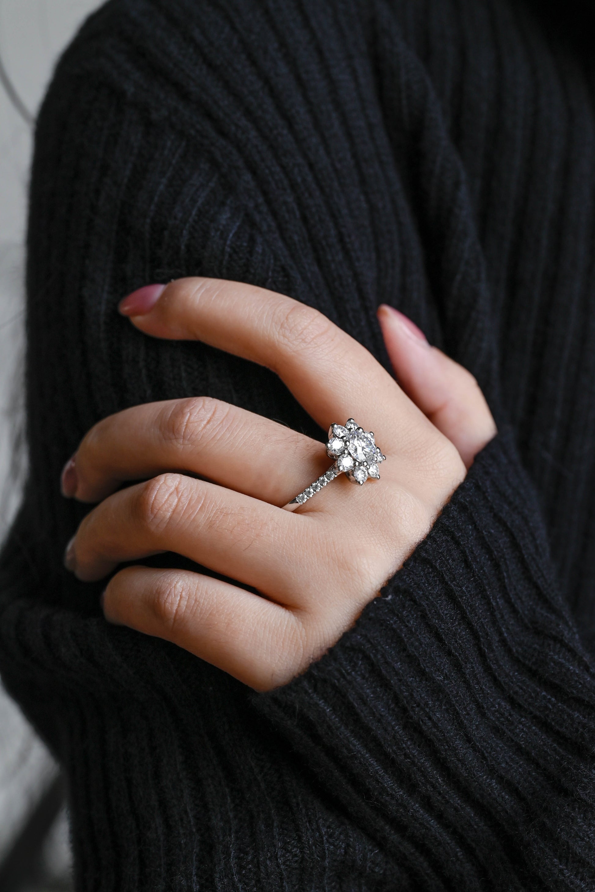 SquareJewelry round cut moissanite engagement ring Solid Gold Sunflower Halo Cathedral Round Rose Cut Moissanite Engagement Ring