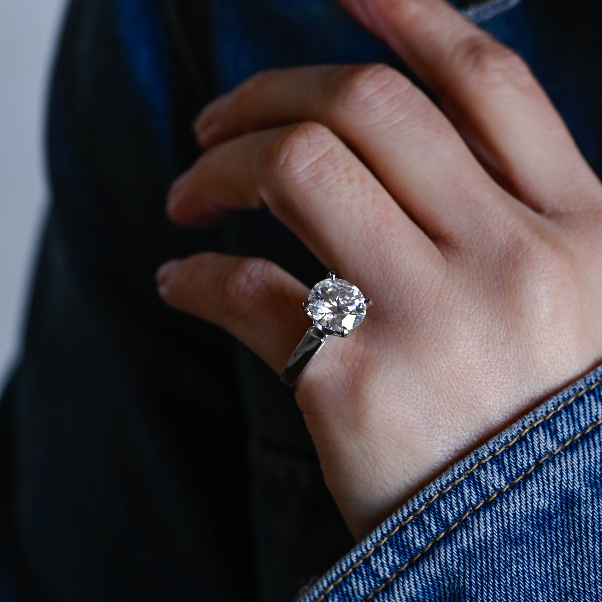 SquareJewelry round cut moissanite engagement ring Solid Gold Thick High Set Solitaire Round Cut Moissanite Engagement Ring