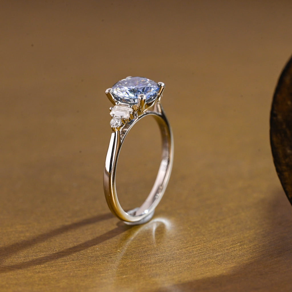 SquareJewelry round cut moissanite engagement ring Solid Gold Three Stone Blue Round Cut Moissanite Engagement Ring