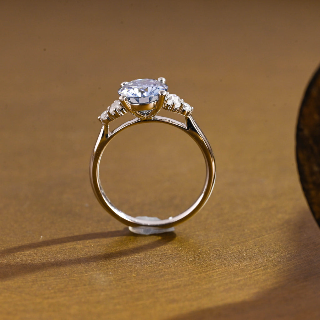 SquareJewelry round cut moissanite engagement ring Solid Gold Three Stone Blue Round Cut Moissanite Engagement Ring