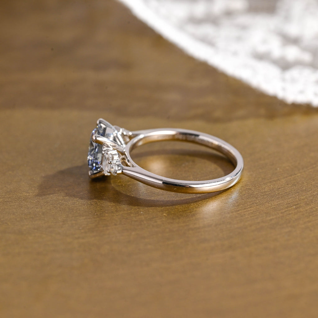 SquareJewelry round cut moissanite engagement ring Solid Gold Three Stone Blue Round Cut Moissanite Engagement Ring