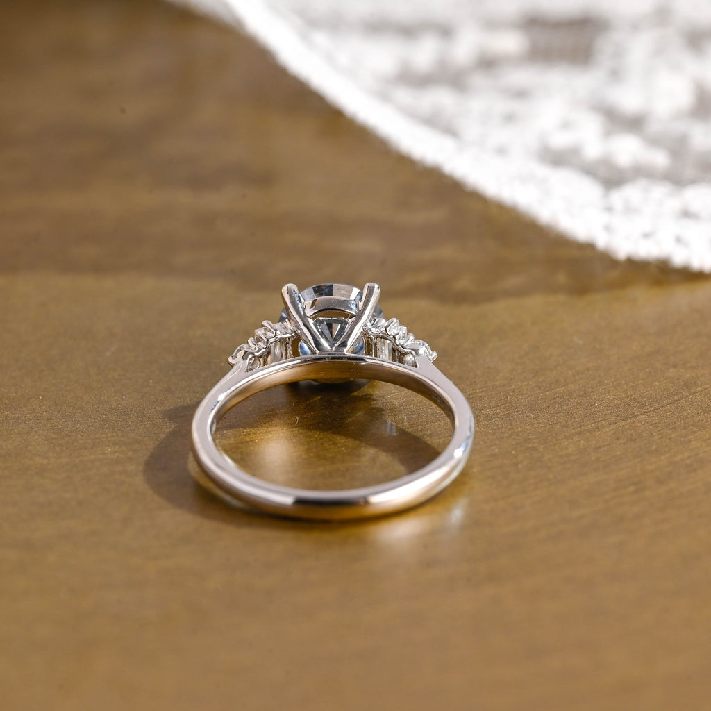 SquareJewelry round cut moissanite engagement ring Solid Gold Three Stone Blue Round Cut Moissanite Engagement Ring