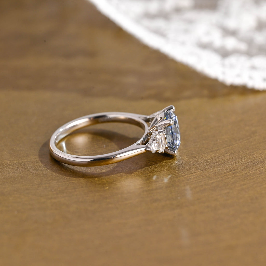 SquareJewelry round cut moissanite engagement ring Solid Gold Three Stone Blue Round Cut Moissanite Engagement Ring