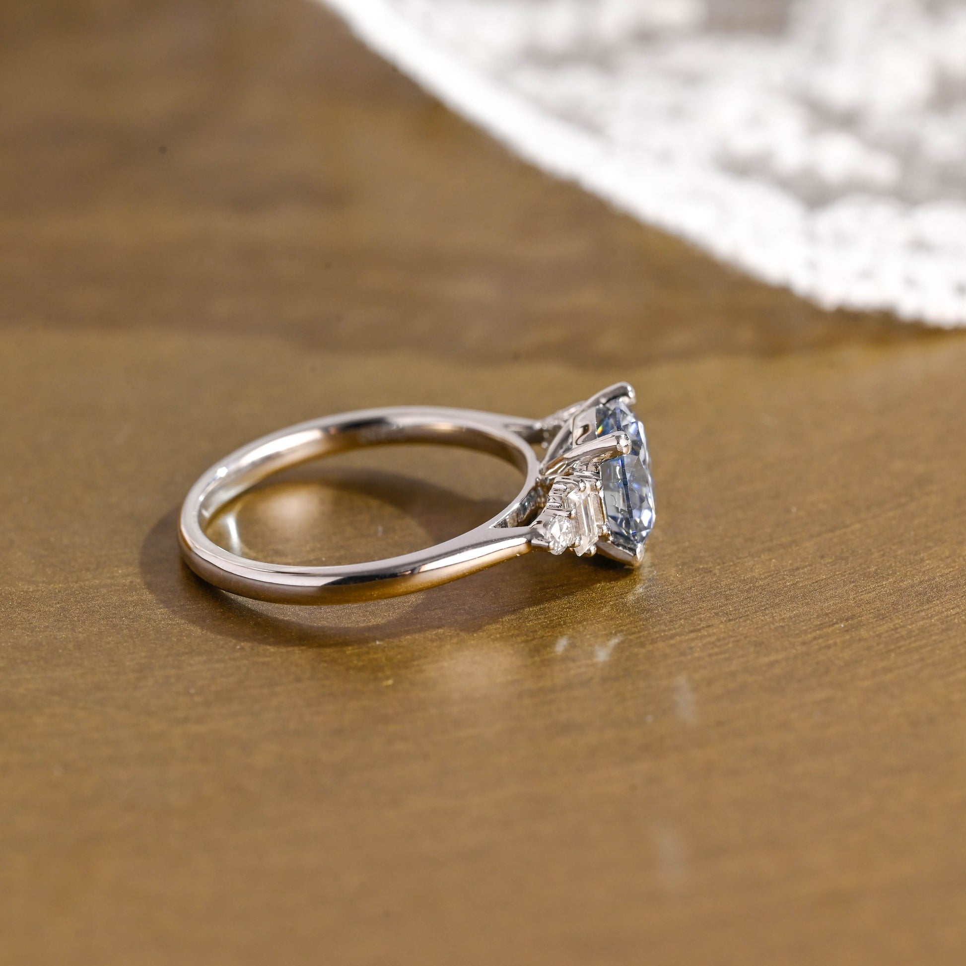 SquareJewelry round cut moissanite engagement ring Solid Gold Three Stone Blue Round Cut Moissanite Engagement Ring