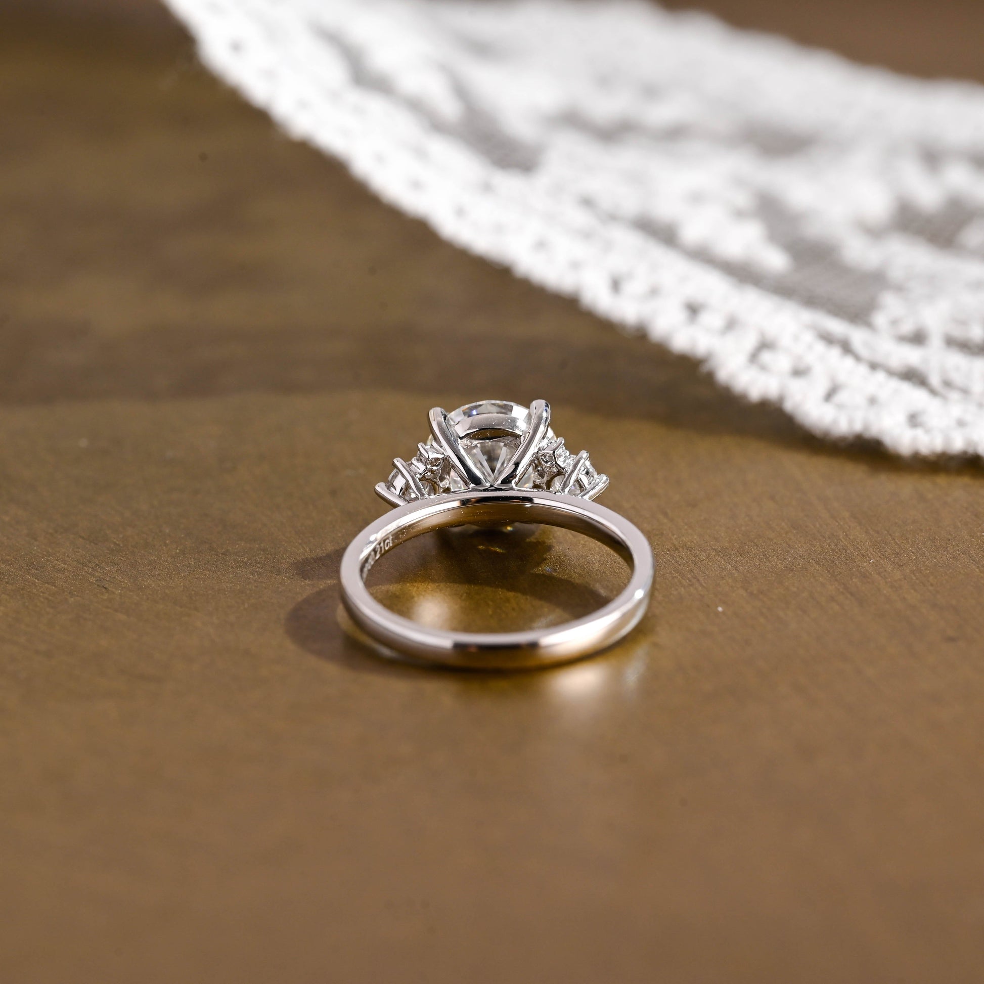 SquareJewelry round cut moissanite engagement ring Solid Gold Three Stone Round Cut Moissanite Engagement Ring with Tapered Accent Stone