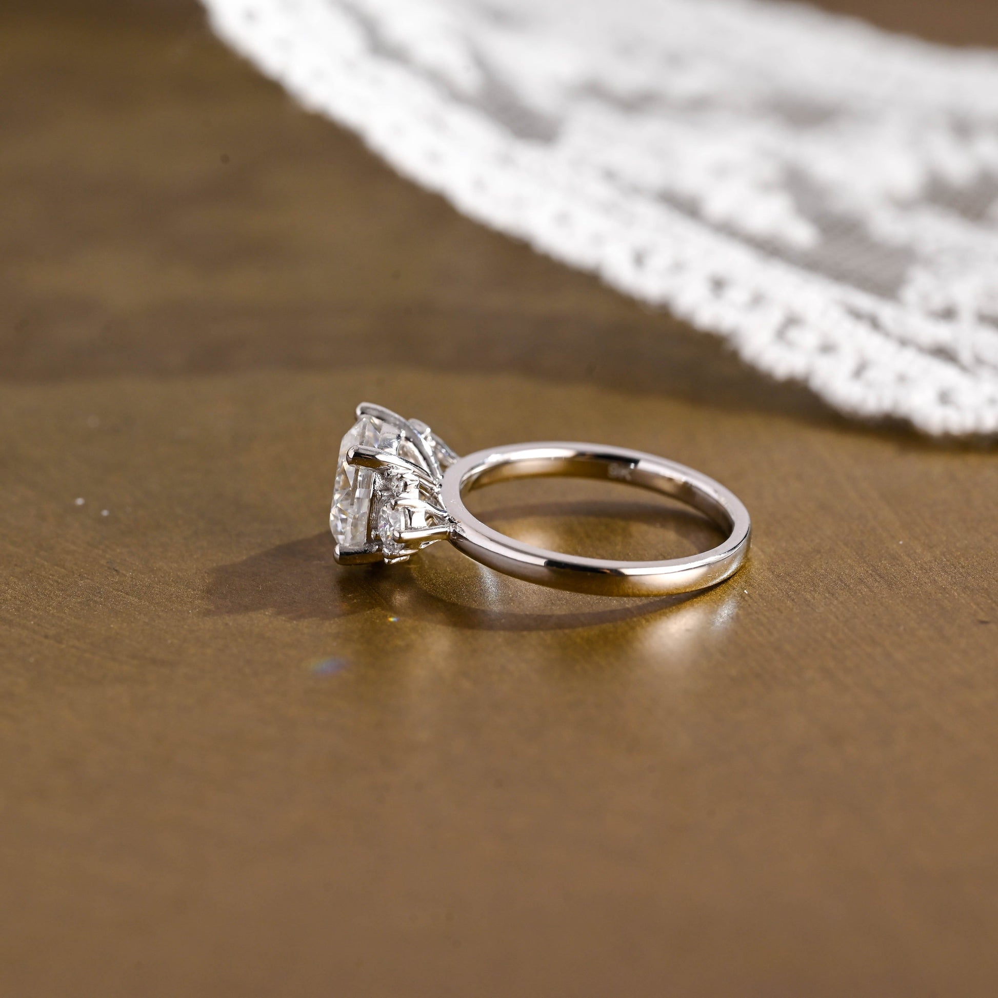 SquareJewelry round cut moissanite engagement ring Solid Gold Three Stone Round Cut Moissanite Engagement Ring with Tapered Accent Stone