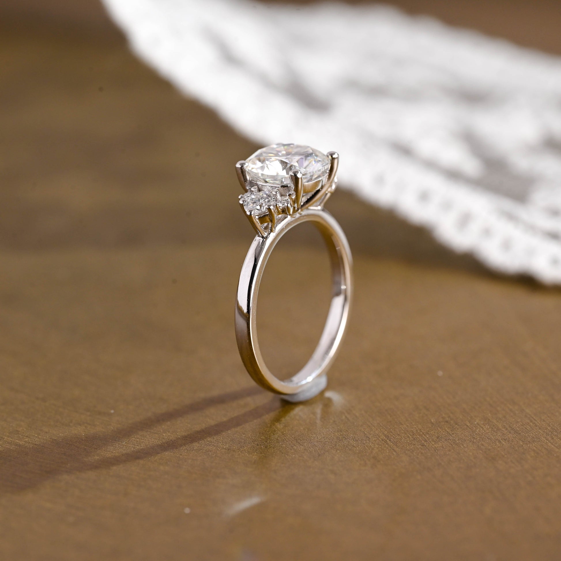 SquareJewelry round cut moissanite engagement ring Solid Gold Three Stone Round Cut Moissanite Engagement Ring with Tapered Accent Stone