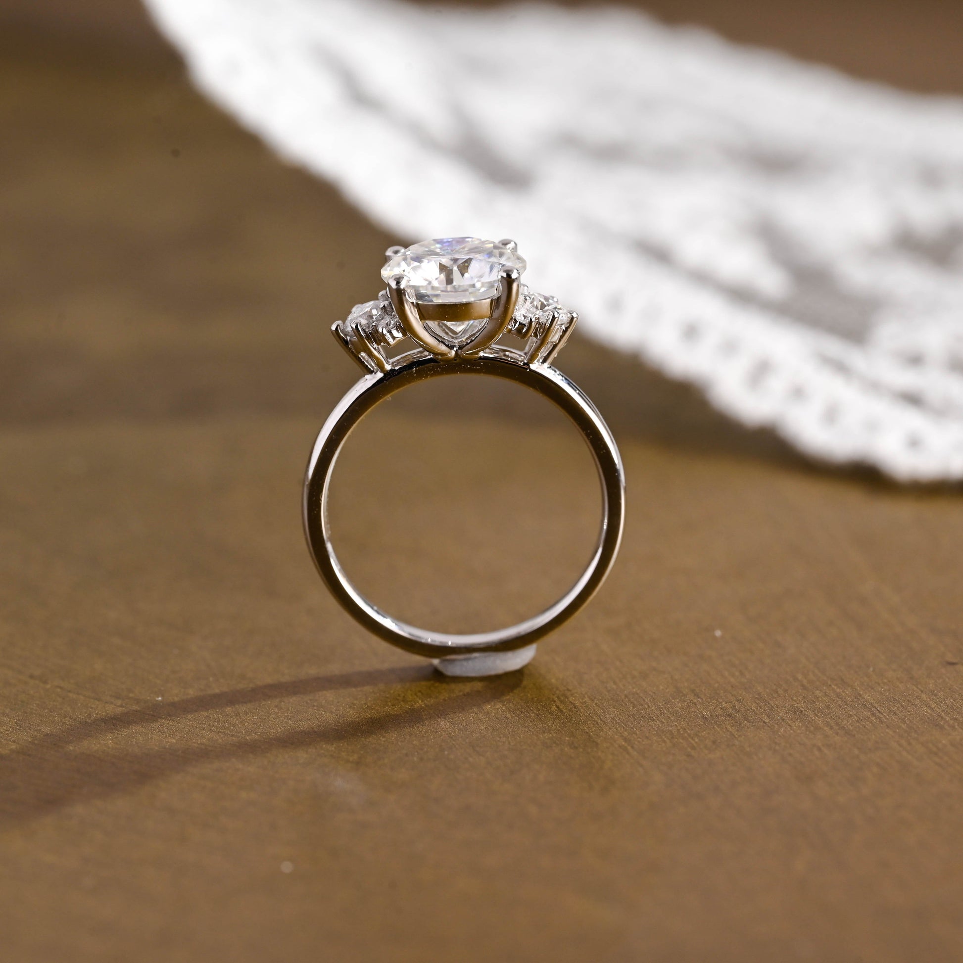 SquareJewelry round cut moissanite engagement ring Solid Gold Three Stone Round Cut Moissanite Engagement Ring with Tapered Accent Stone