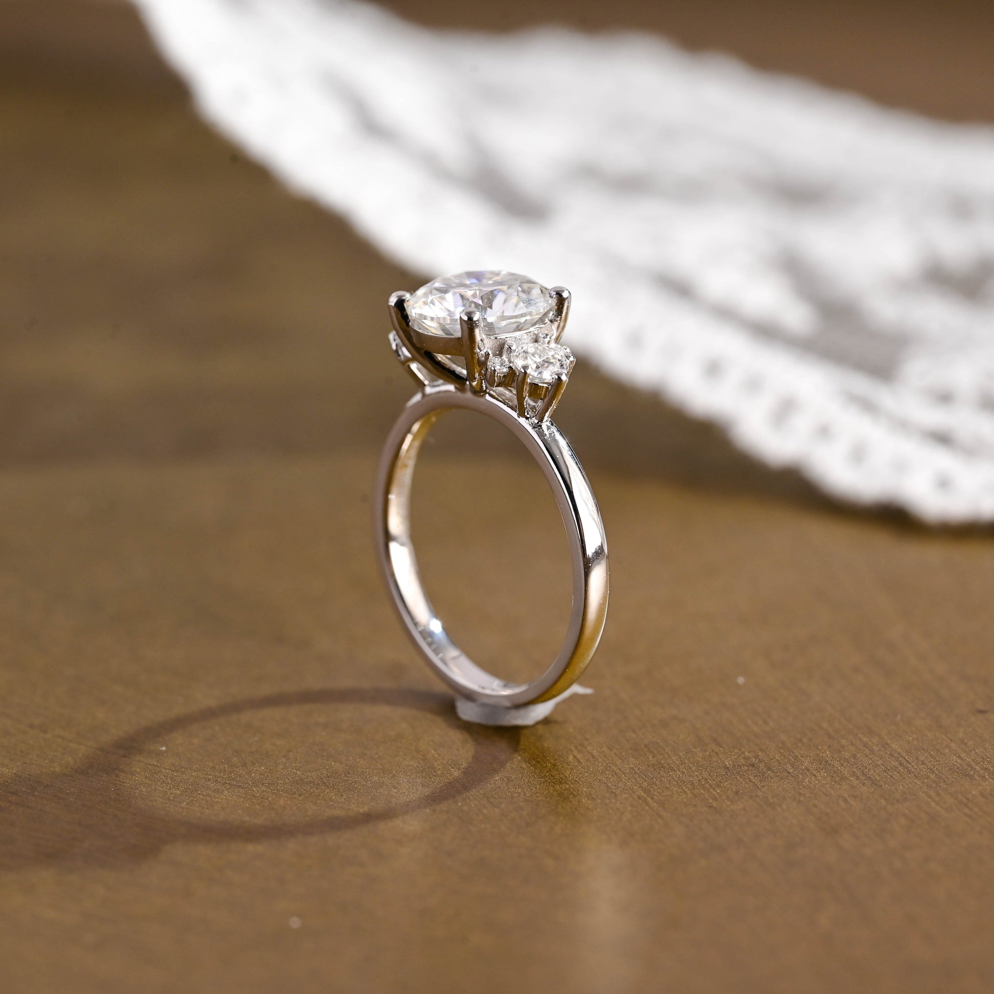 SquareJewelry round cut moissanite engagement ring Solid Gold Three Stone Round Cut Moissanite Engagement Ring with Tapered Accent Stone