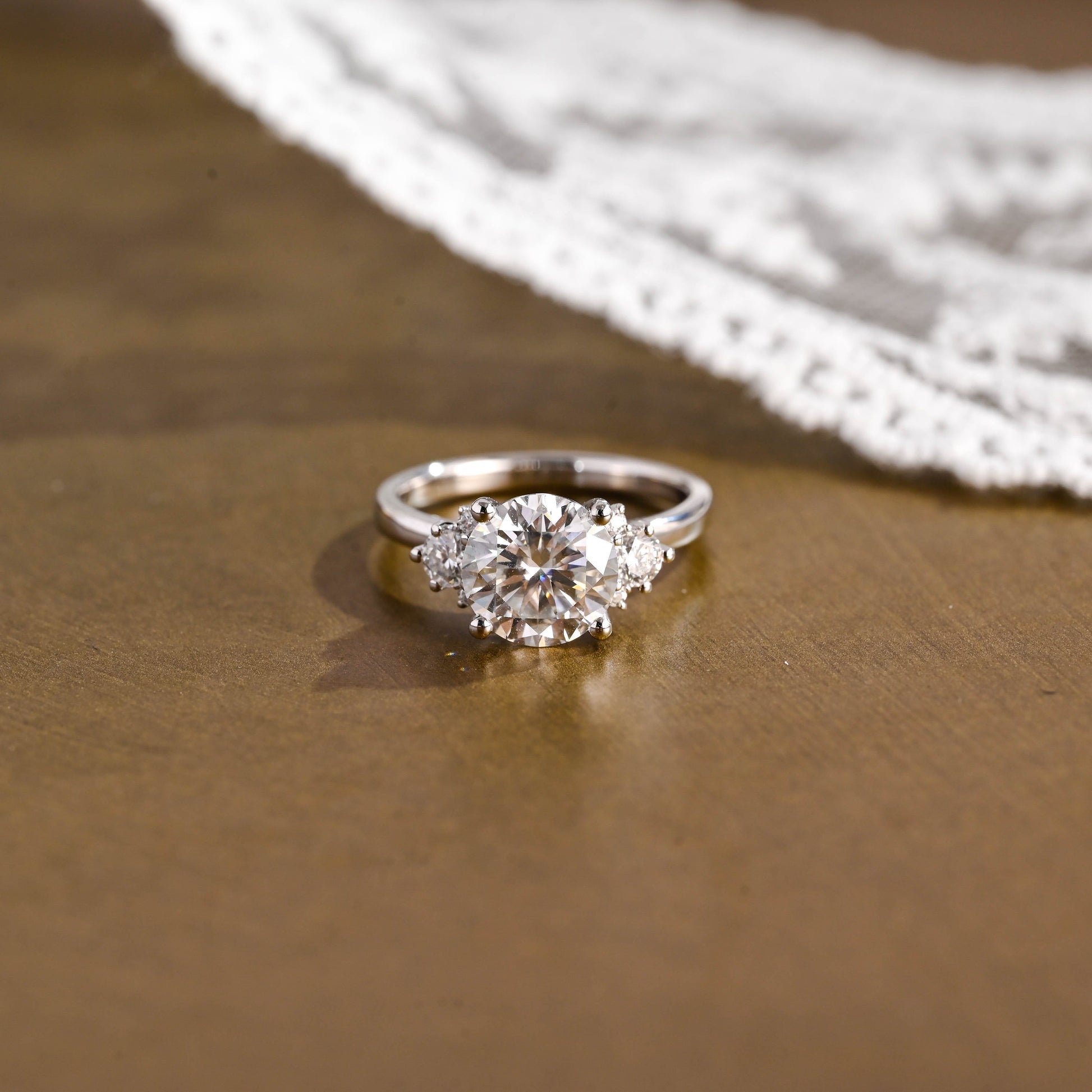 SquareJewelry round cut moissanite engagement ring Solid Gold Three Stone Round Cut Moissanite Engagement Ring with Tapered Accent Stone