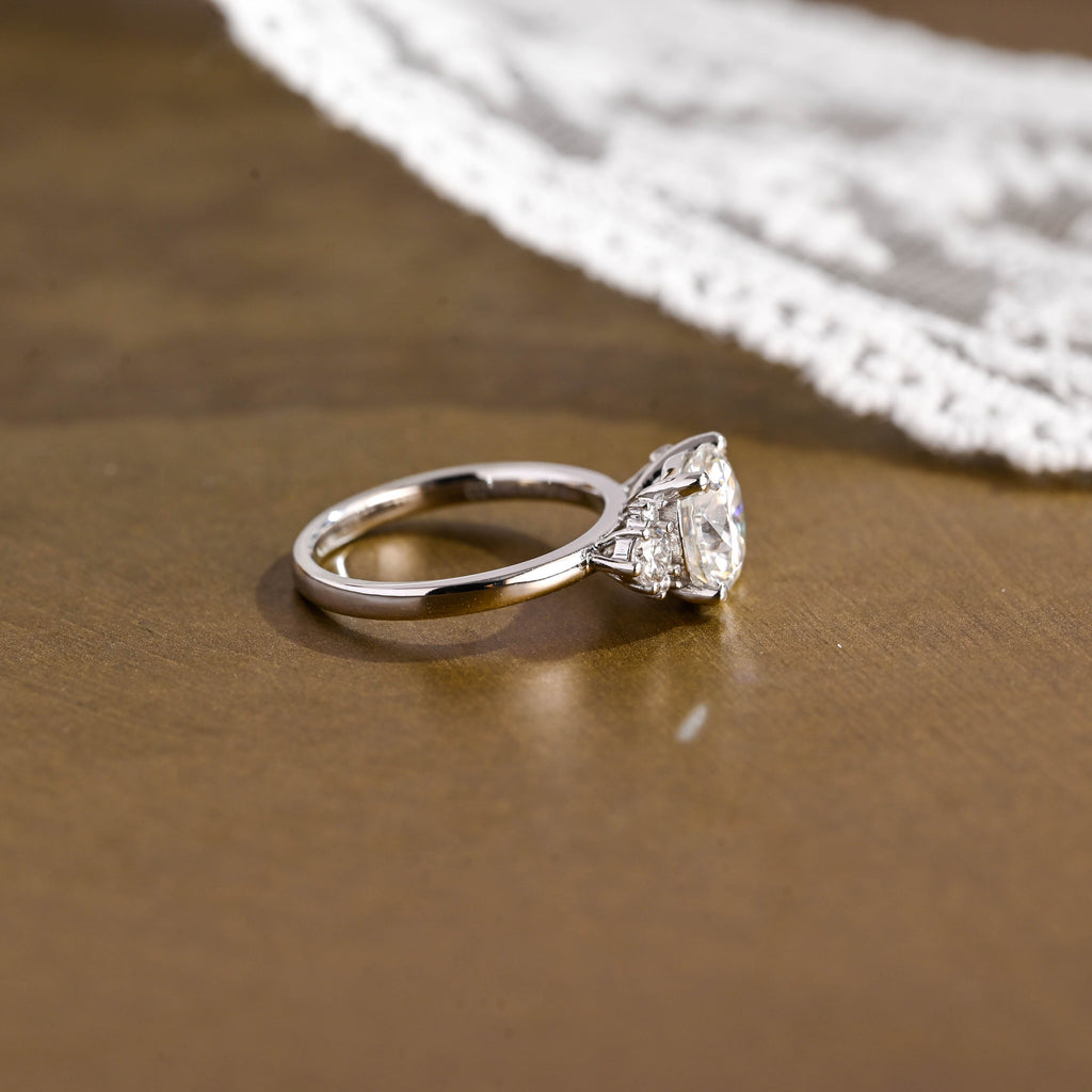 SquareJewelry round cut moissanite engagement ring Solid Gold Three Stone Round Cut Moissanite Engagement Ring with Tapered Accent Stone