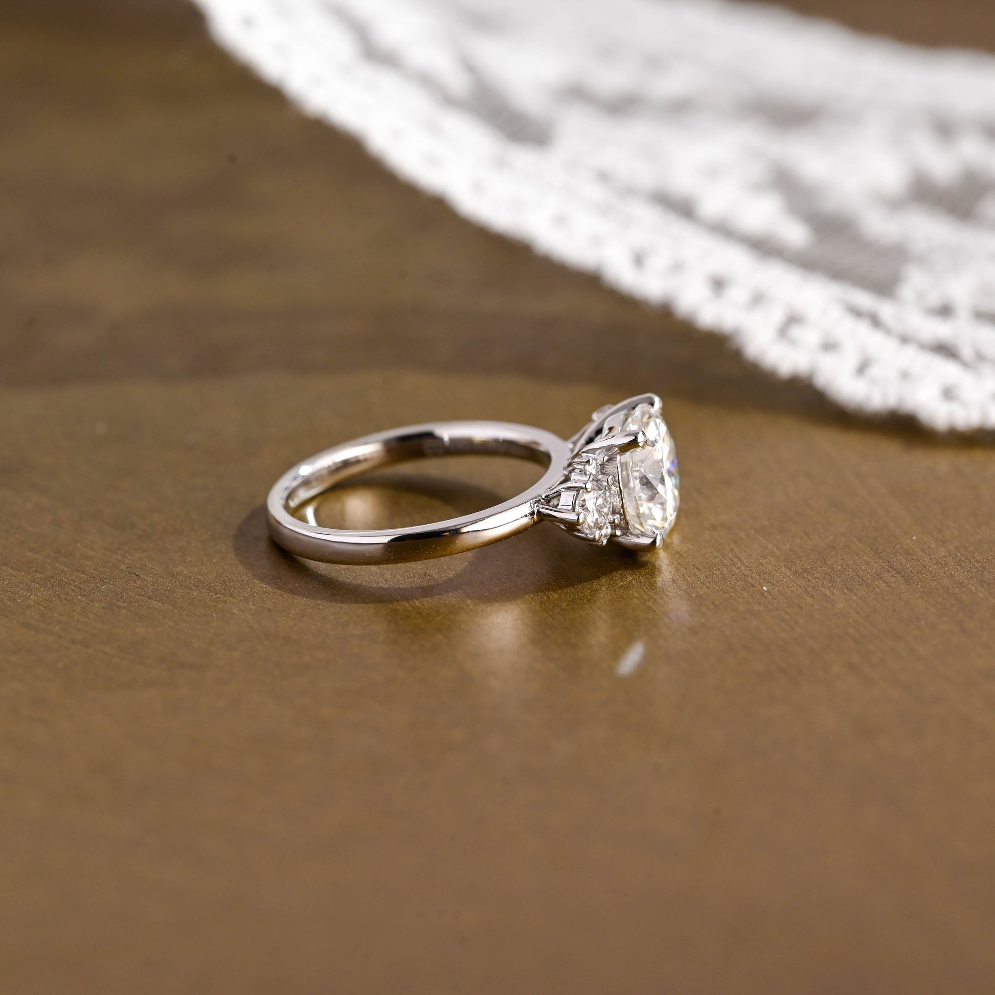SquareJewelry round cut moissanite engagement ring Solid Gold Three Stone Round Cut Moissanite Engagement Ring with Tapered Accent Stone