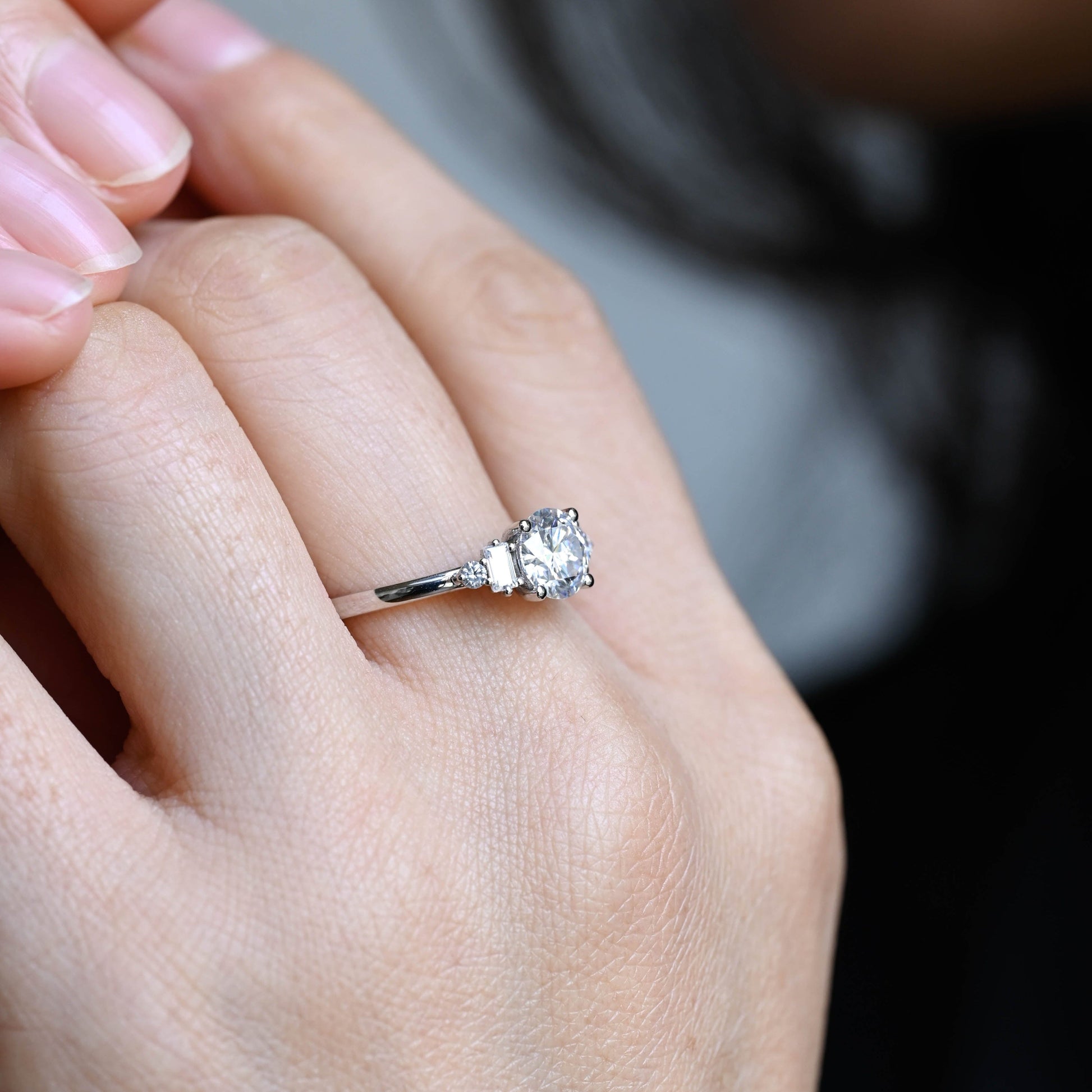SquareJewelry round cut moissanite engagement ring Solid Gold Three Stone Round Cut Moissanite Engagement Ring with Tapered Accent Stone