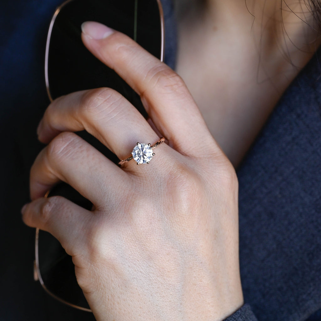 SquareJewelry round cut moissanite engagement ring Solid Gold Twist Wrap Shank Solitaire Round Cut Moissanite Engagement Ring