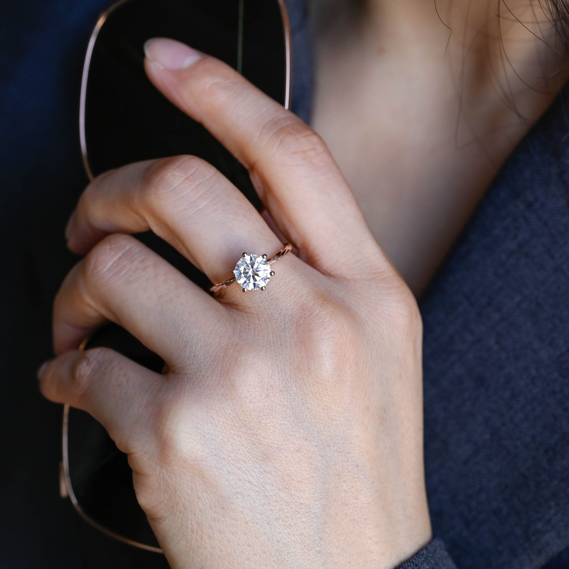 SquareJewelry round cut moissanite engagement ring Solid Gold Twist Wrap Shank Solitaire Round Cut Moissanite Engagement Ring