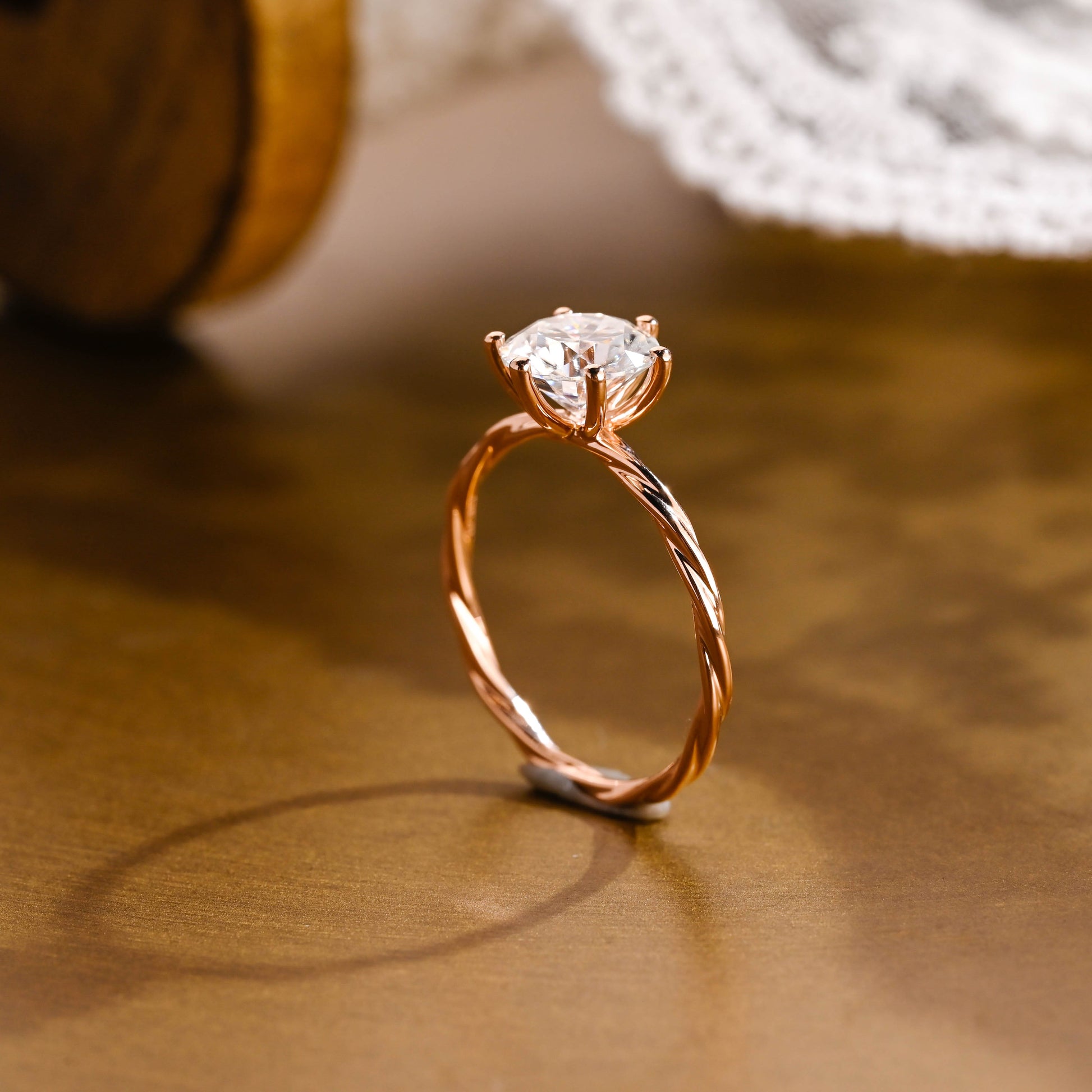 SquareJewelry round cut moissanite engagement ring Solid Gold Twist Wrap Shank Solitaire Round Cut Moissanite Engagement Ring