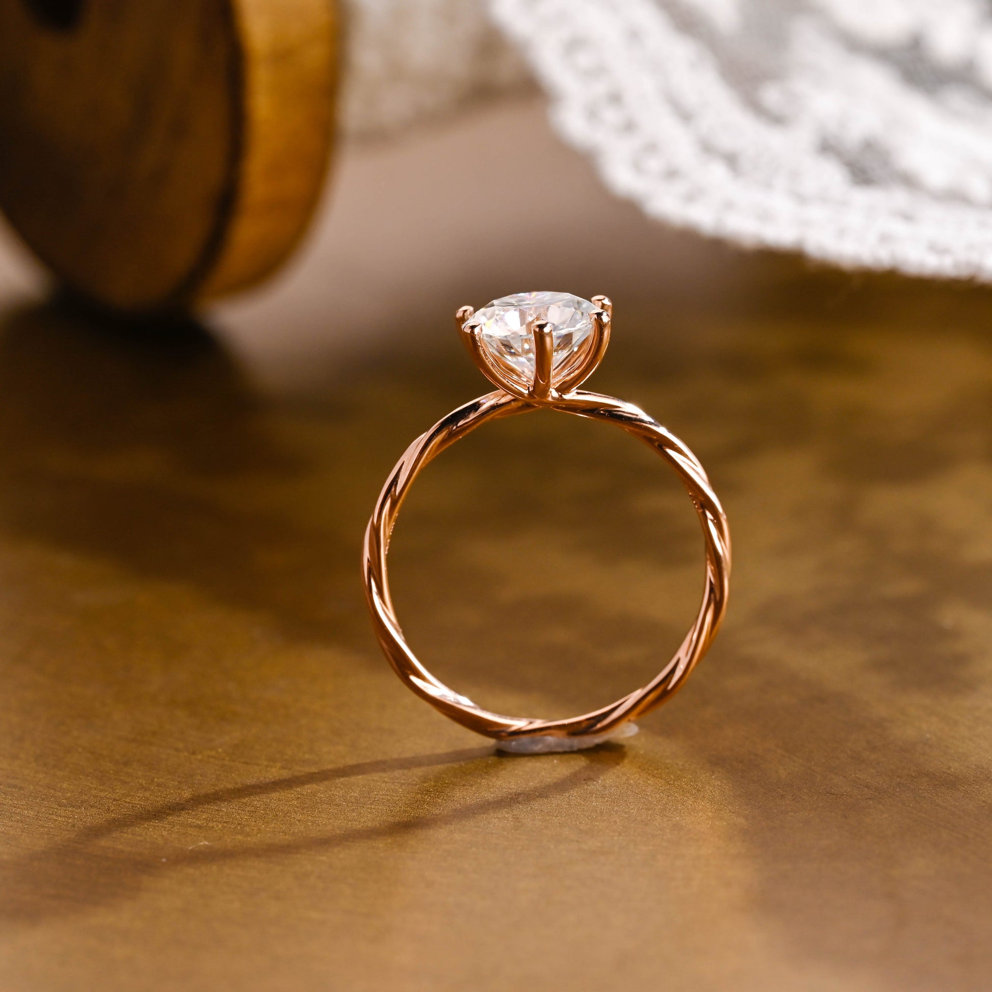 SquareJewelry round cut moissanite engagement ring Solid Gold Twist Wrap Shank Solitaire Round Cut Moissanite Engagement Ring