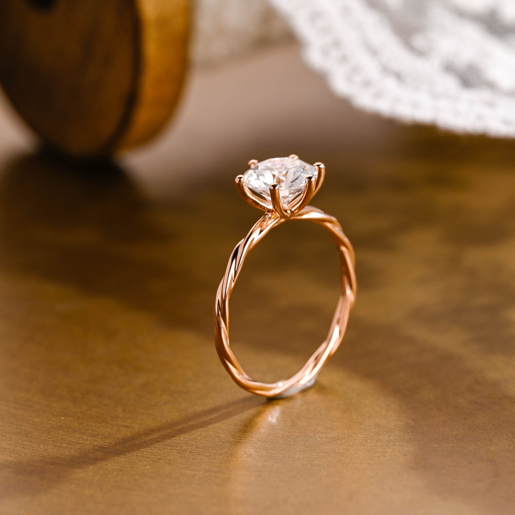 SquareJewelry round cut moissanite engagement ring Solid Gold Twist Wrap Shank Solitaire Round Cut Moissanite Engagement Ring