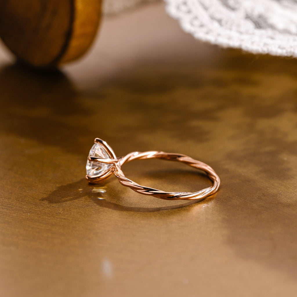 SquareJewelry round cut moissanite engagement ring Solid Gold Twist Wrap Shank Solitaire Round Cut Moissanite Engagement Ring