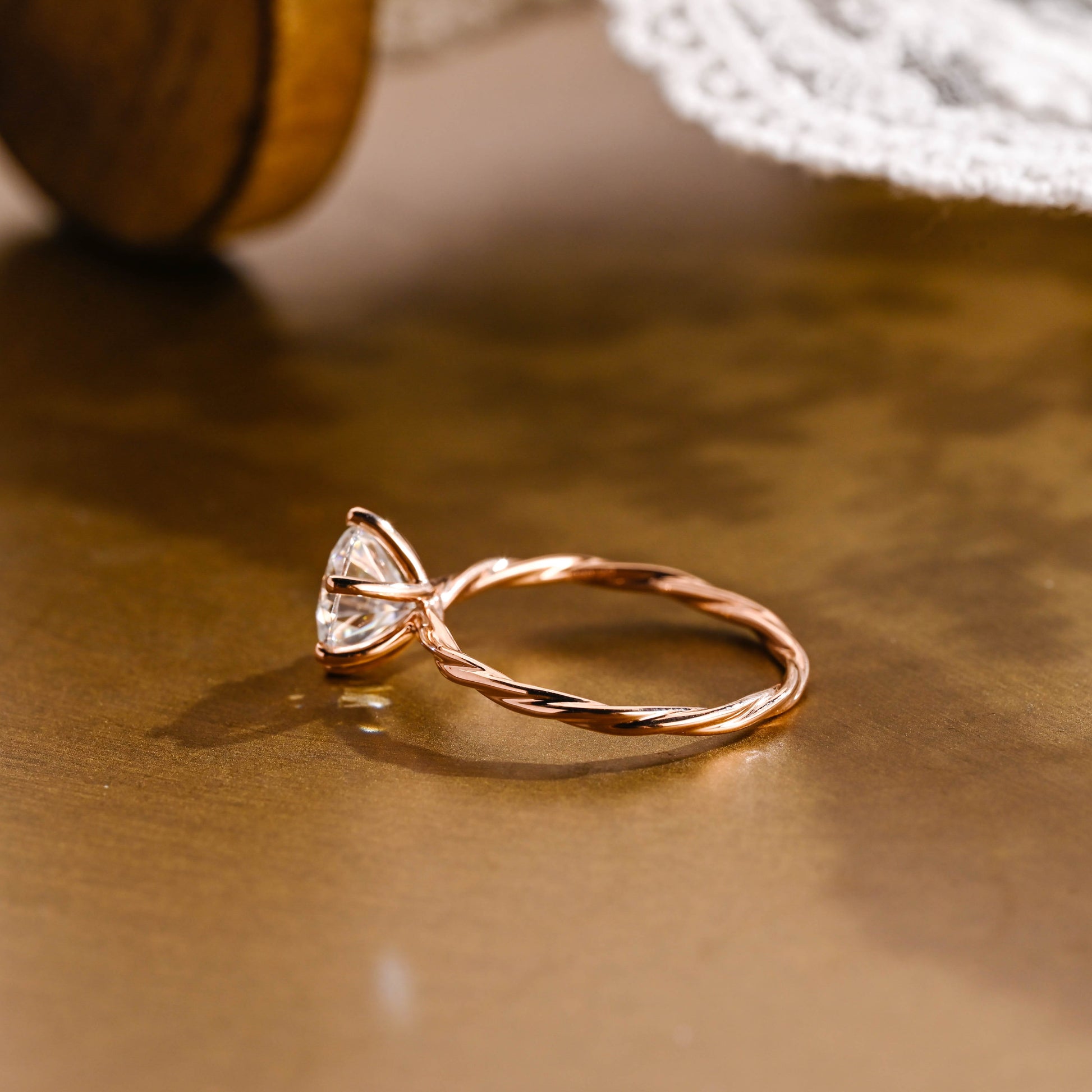 SquareJewelry round cut moissanite engagement ring Solid Gold Twist Wrap Shank Solitaire Round Cut Moissanite Engagement Ring