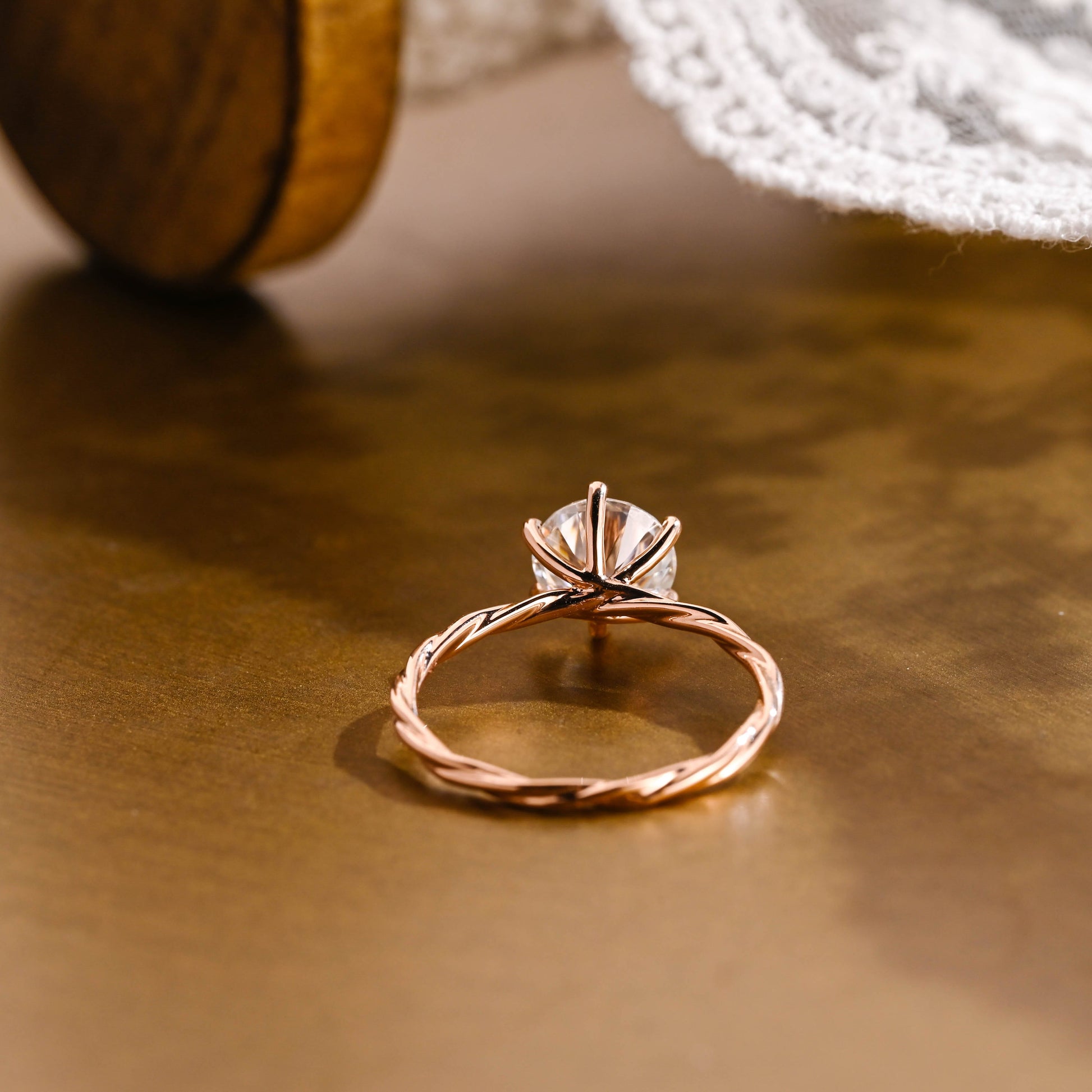 SquareJewelry round cut moissanite engagement ring Solid Gold Twist Wrap Shank Solitaire Round Cut Moissanite Engagement Ring