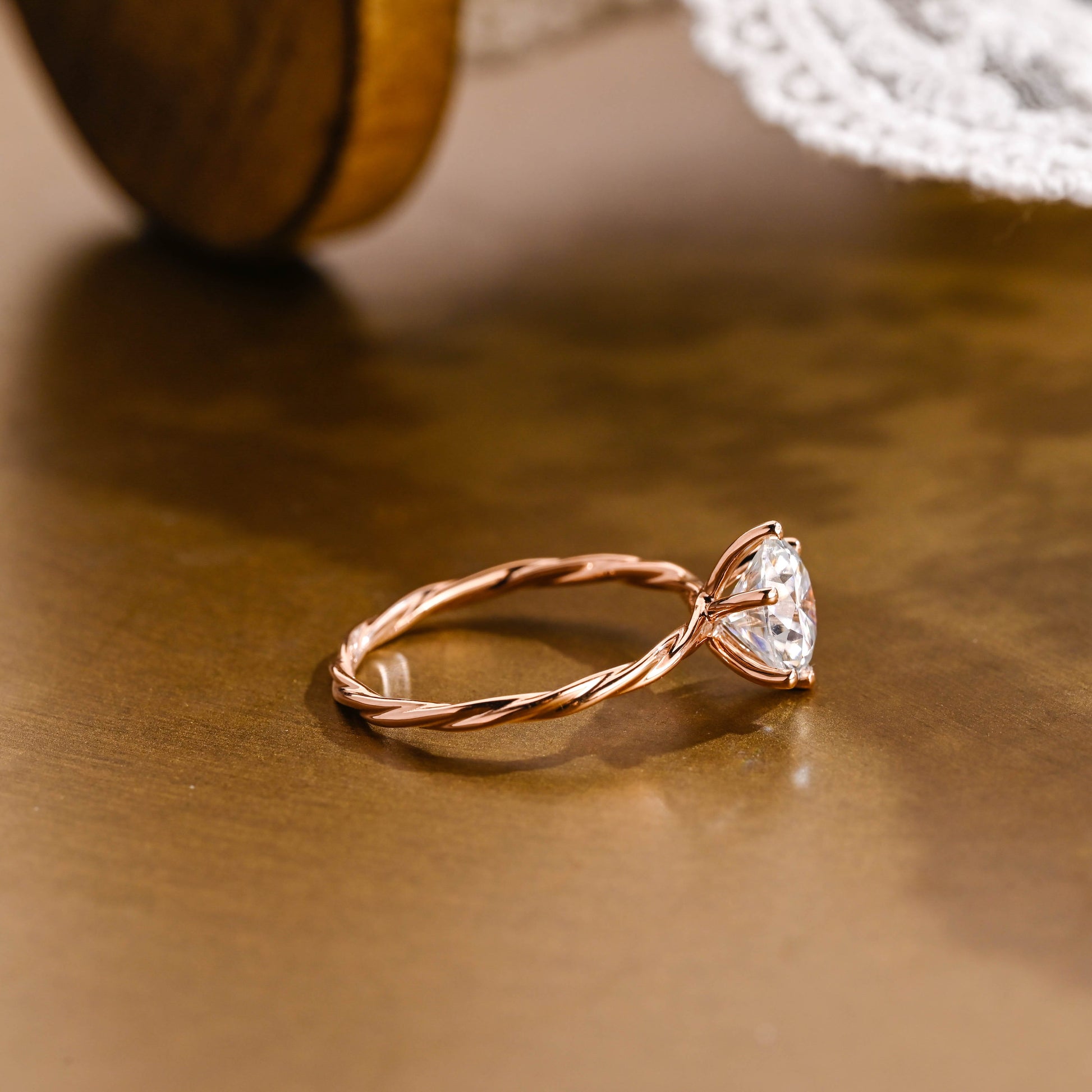 SquareJewelry round cut moissanite engagement ring Solid Gold Twist Wrap Shank Solitaire Round Cut Moissanite Engagement Ring