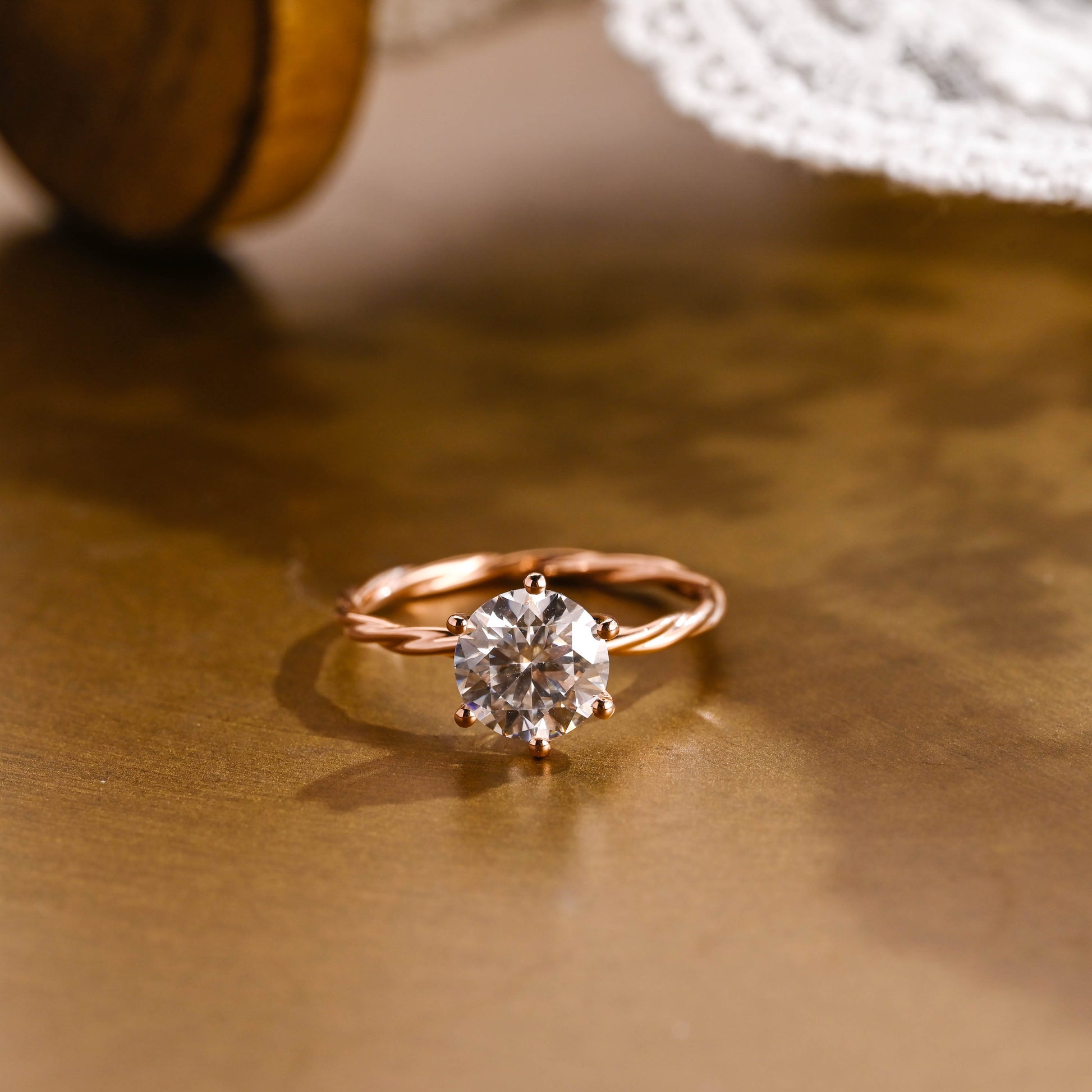 SquareJewelry round cut moissanite engagement ring Solid Gold Twist Wrap Shank Solitaire Round Cut Moissanite Engagement Ring