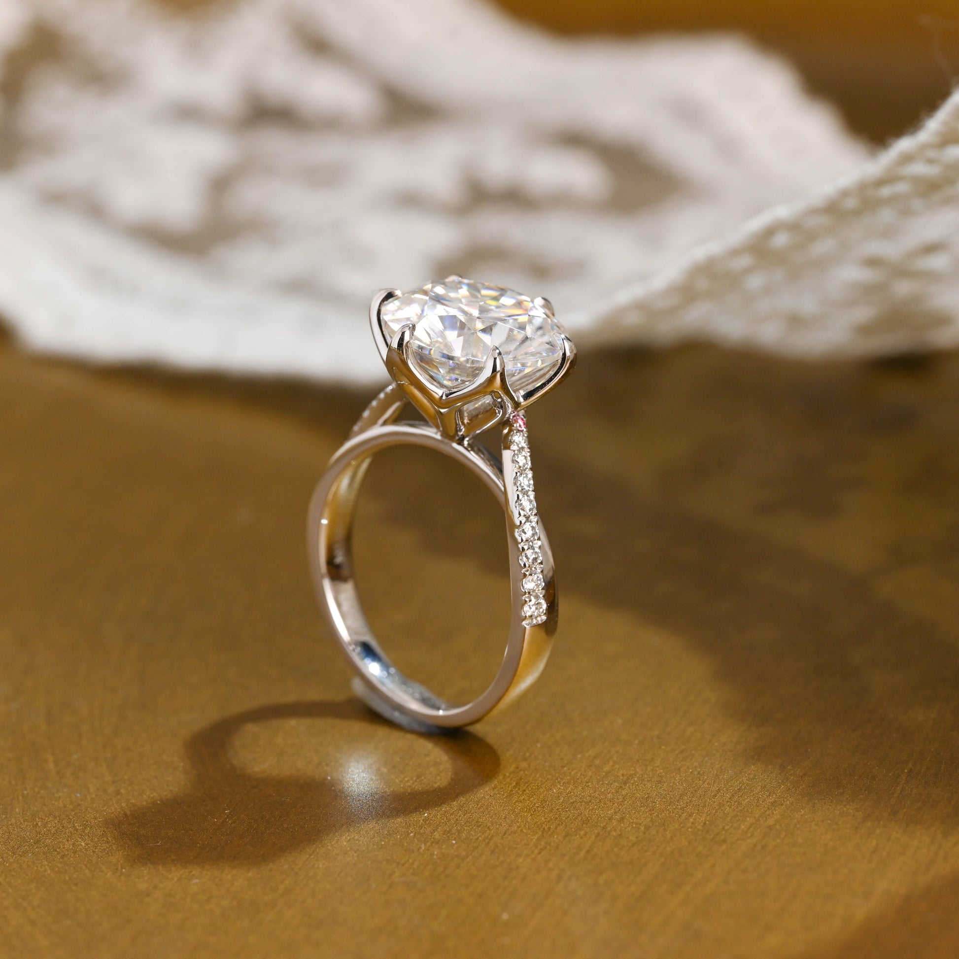 SquareJewelry round cut moissanite engagement ring Solid Gold Twisted Band Round Cut Moissanite Engagement Ring Tulip Set