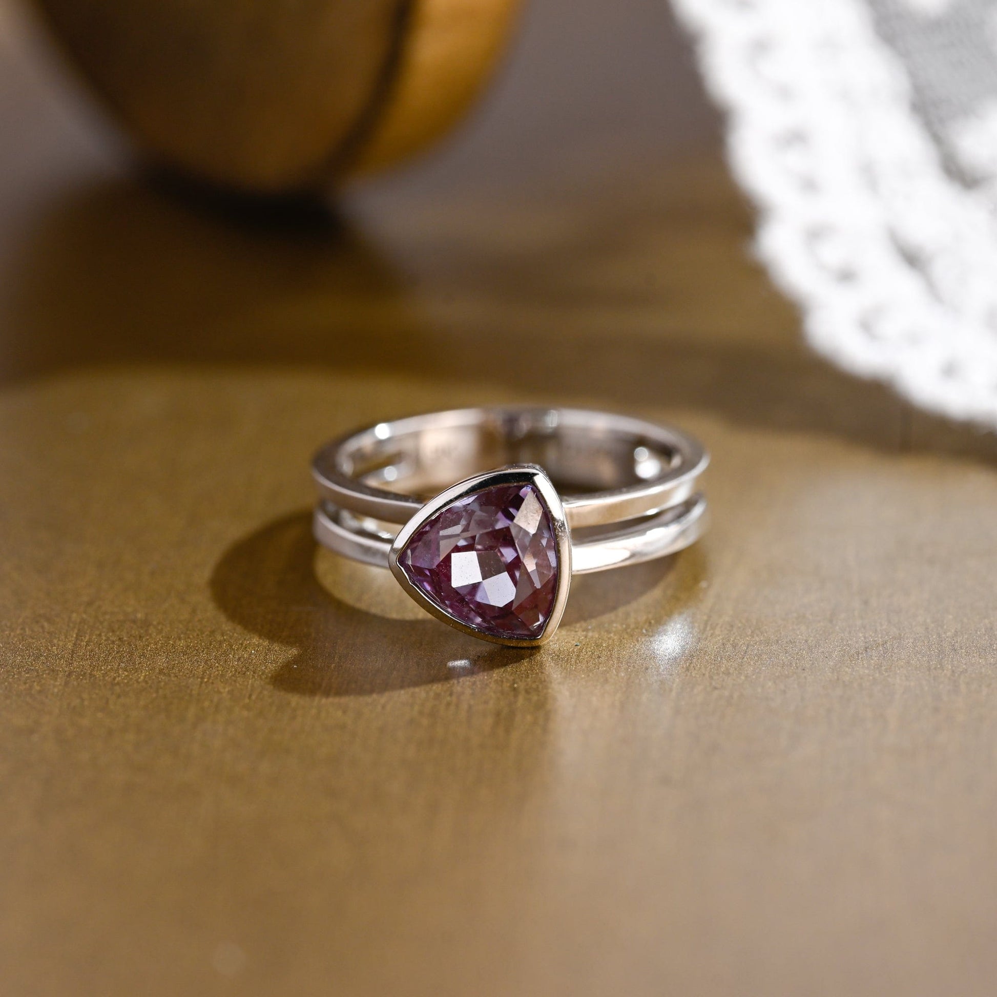 SquareJewelry trillion cut lab grown alexandrite engagement ring Solid Gold Double Shank Lab Grown Trillion Alexandrite Engagement Ring