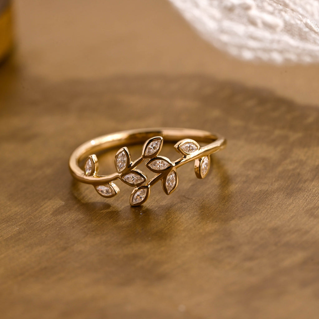 SquareJewelry women's wedding ring Nature Inspired Leaf Marquise Moissanite Band