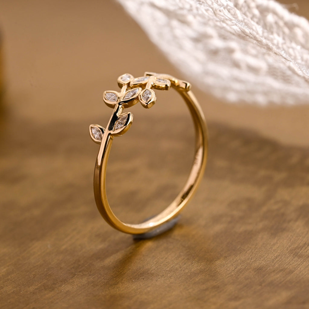 SquareJewelry women's wedding ring Nature Inspired Leaf Marquise Moissanite Band