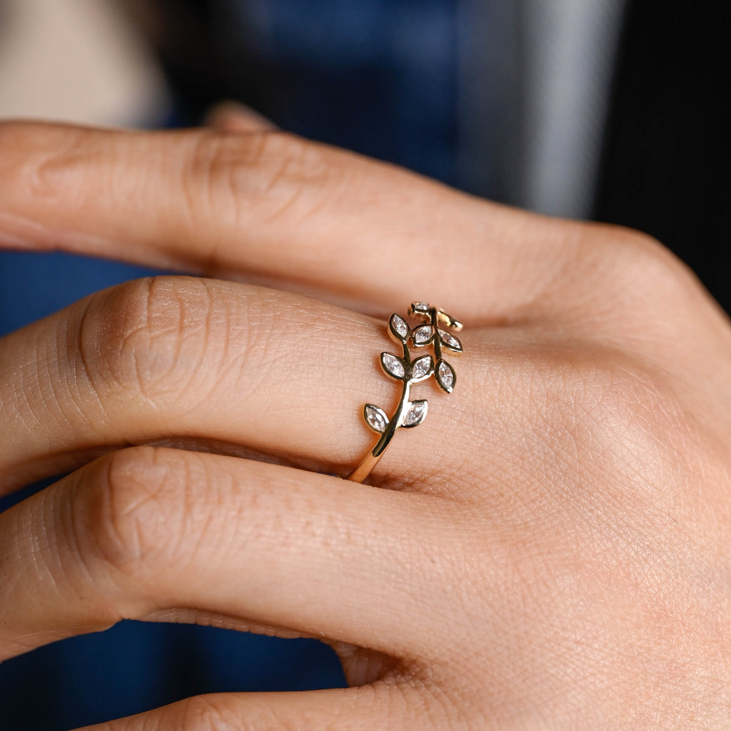 SquareJewelry women's wedding ring Nature Inspired Leaf Marquise Moissanite Band