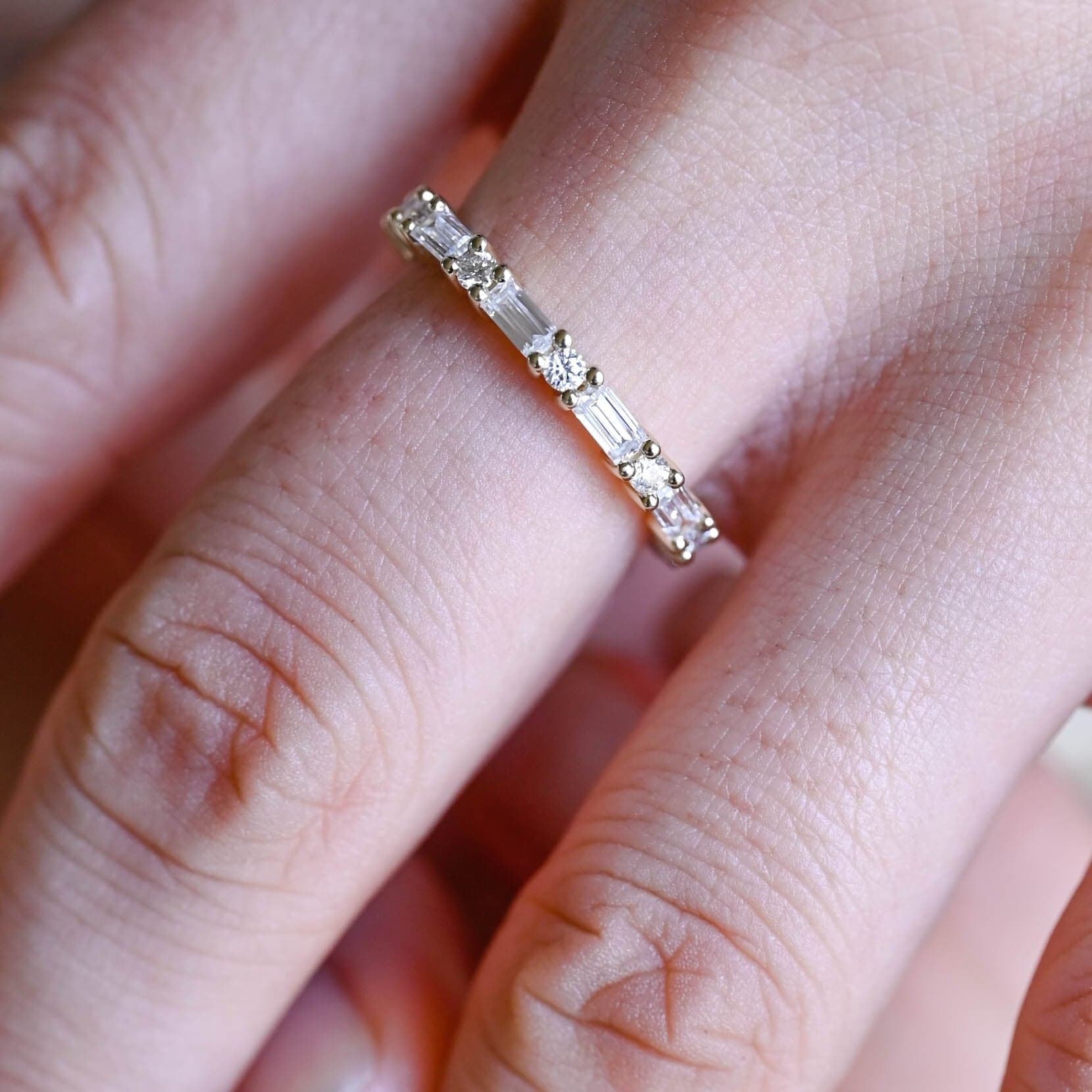 SquareJewelry women's wedding ring Solid Gold Baguette & Round Moissanite Wedding Band