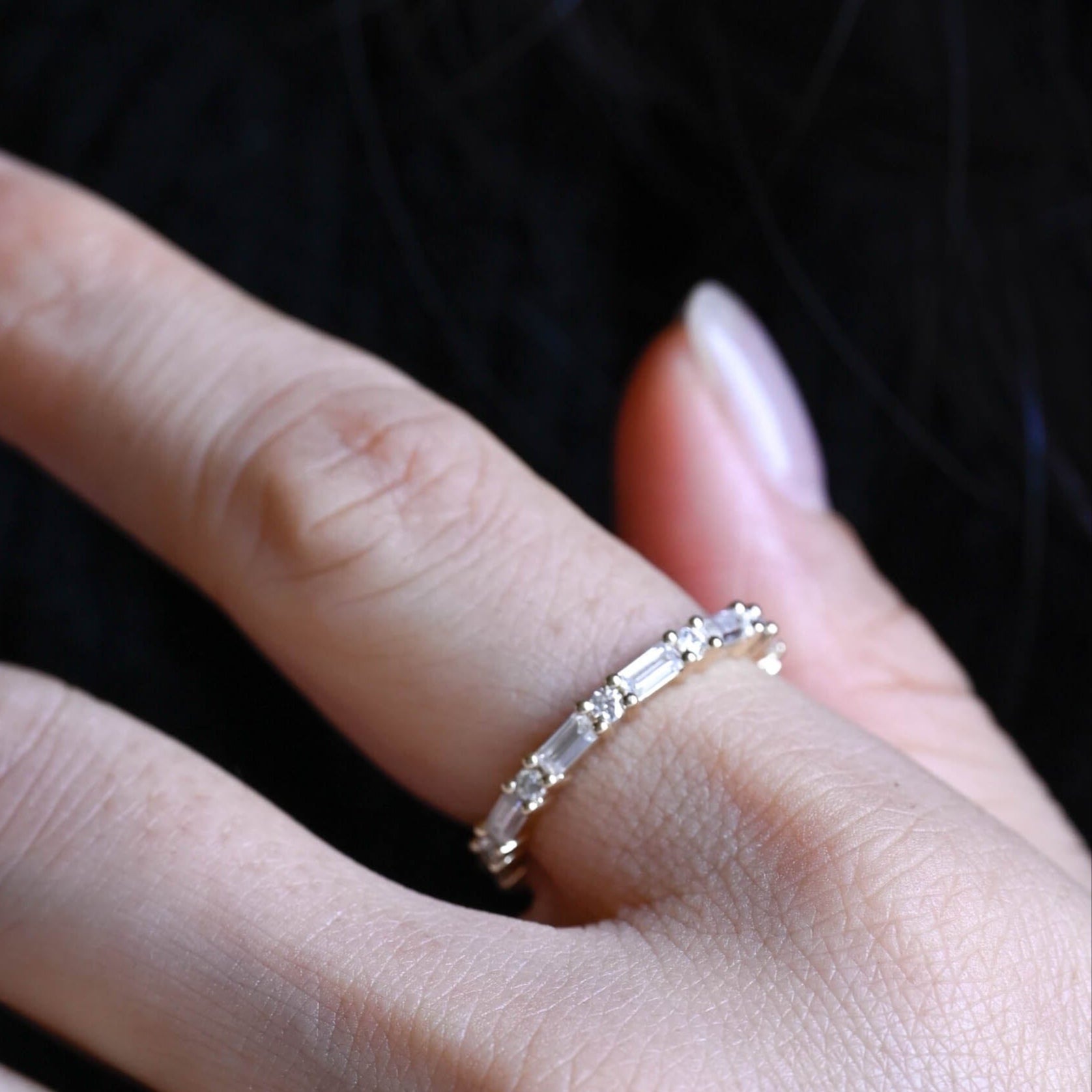 SquareJewelry women's wedding ring Solid Gold Baguette & Round Moissanite Wedding Band