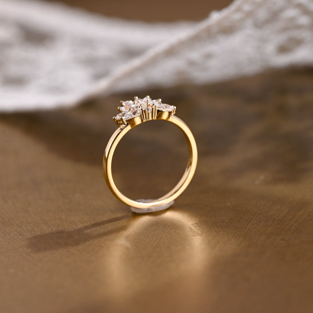 SquareJewelry women's wedding ring Solid Gold Cluster Maruiqse & Round Moissanite Wedding Band